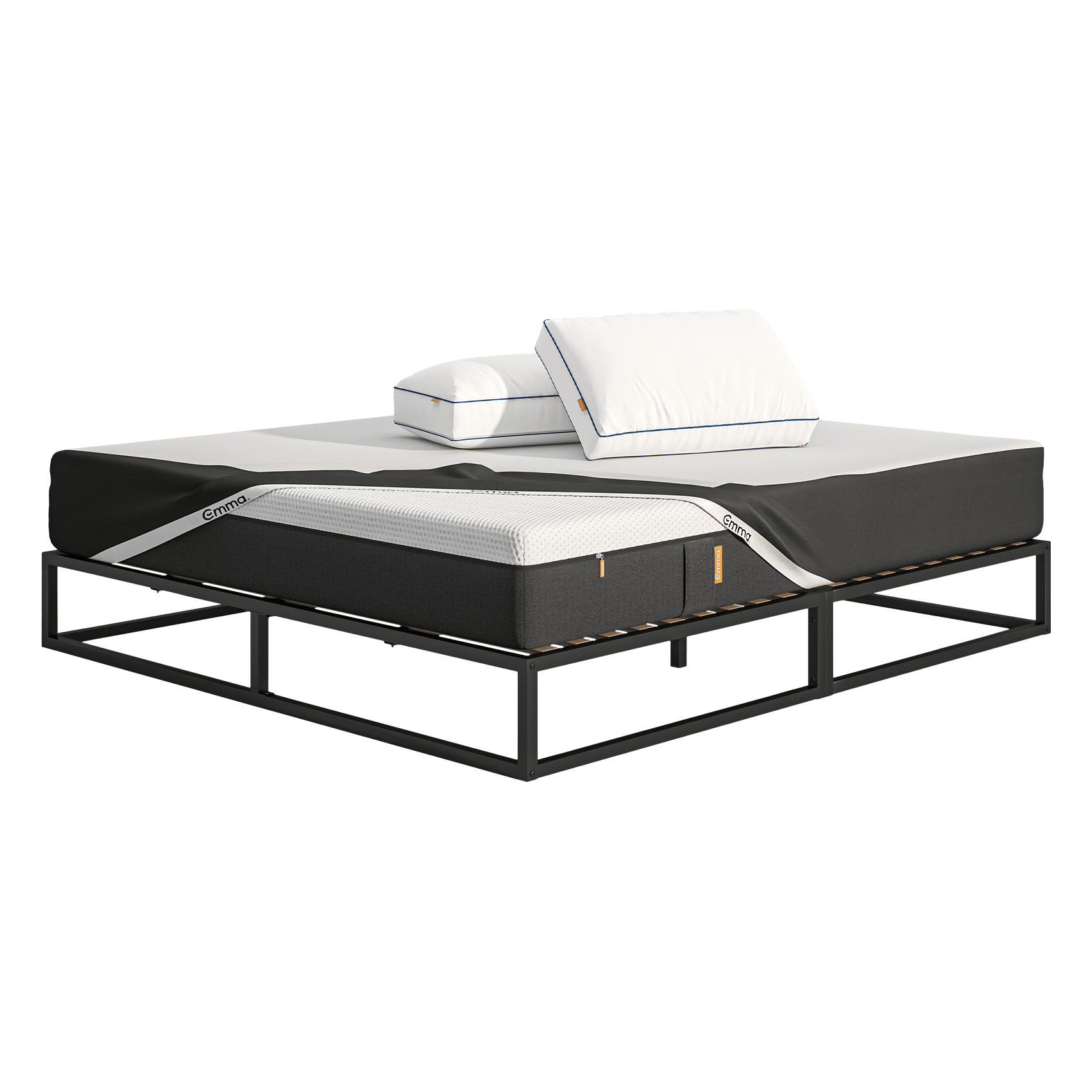 Emma Metal Bed Bundle. Includes Bed frame, mattress, pillows and an optional mattress protector.