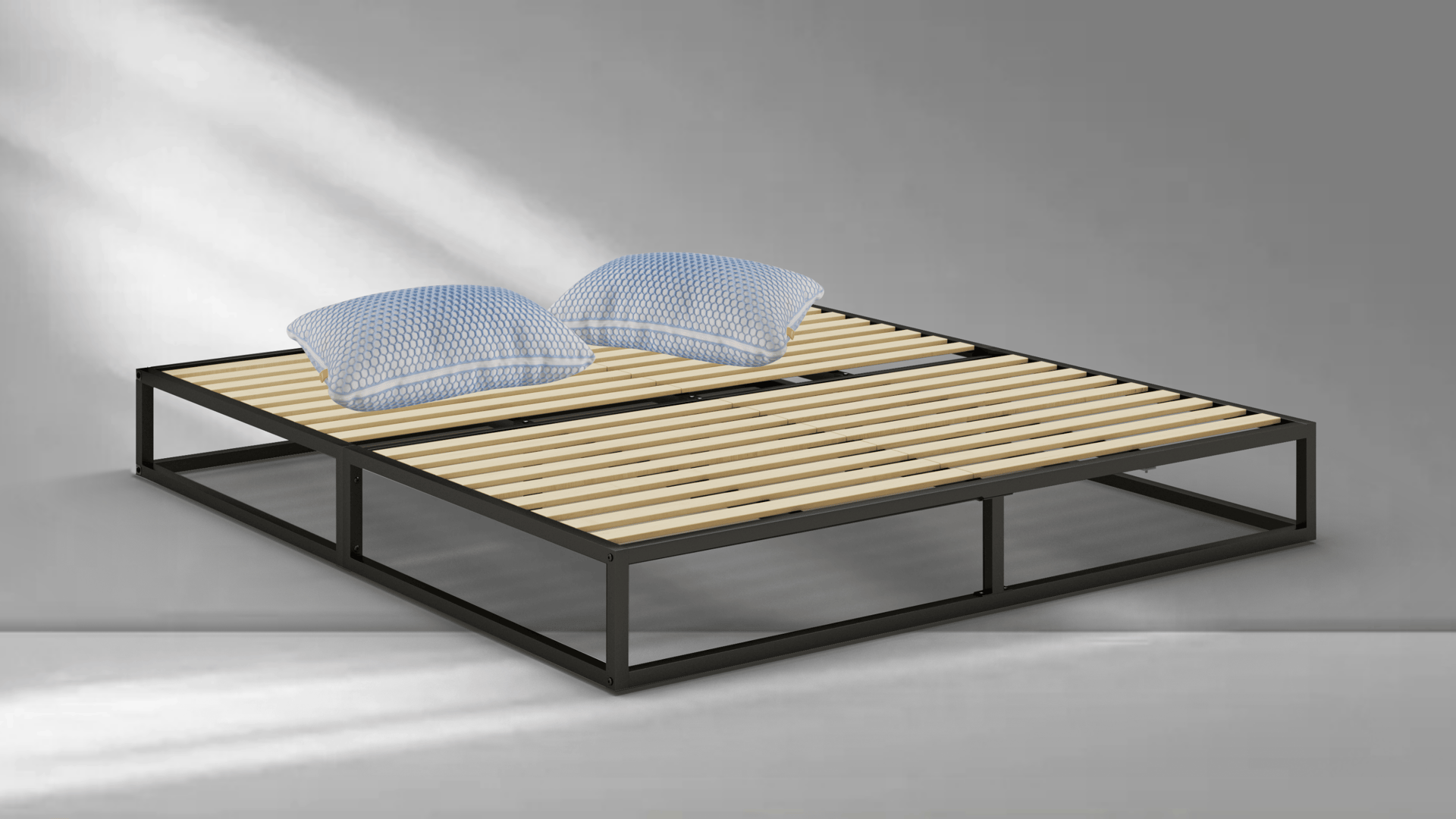 Completa tu set con la cama de metal y dos almohadas de microfibra