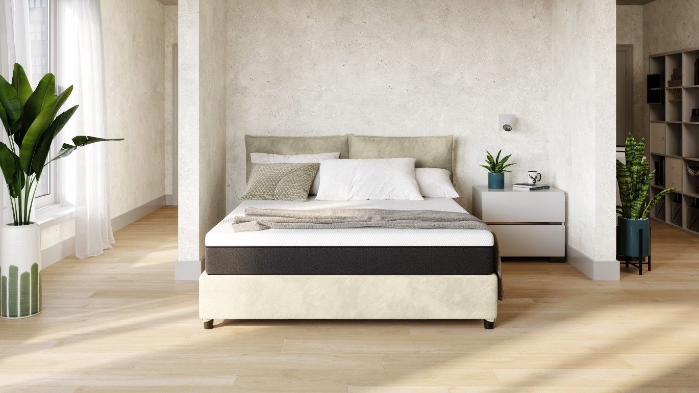 letto contenitore matrimoniale in microfibra color sabbia con materasso