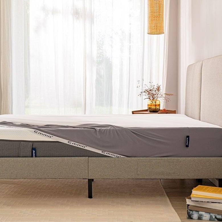 Moderne slaapkamer met grijs gestoffeerd bedframe en hoofdbord; Emma-matras herkenbaar aan merklabels; kamer wordt verlicht door daglicht via een groot raam met witte vitrage; linkerzijde toont ingelijst stadszicht en groene kamerplant; rechterzijde heeft houten nachtkastje met vaas en gedroogde bloemen, en boeken gestapeld op beige vloerbedekking; neutraal kleurpalet met lichte grijstinten.