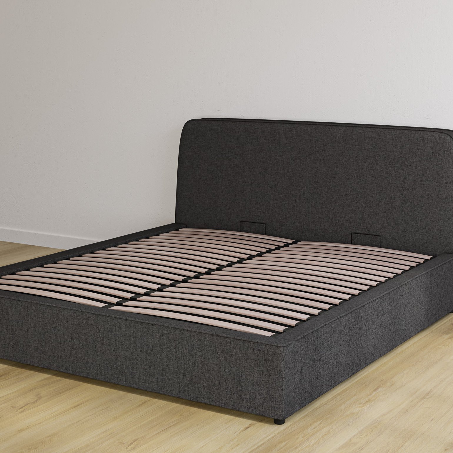 Lit de rangement Emma en tissu couleur sable avec tête de lit, base relevée ouverte pour montrer les lattes en bois et les poignées de levage.
