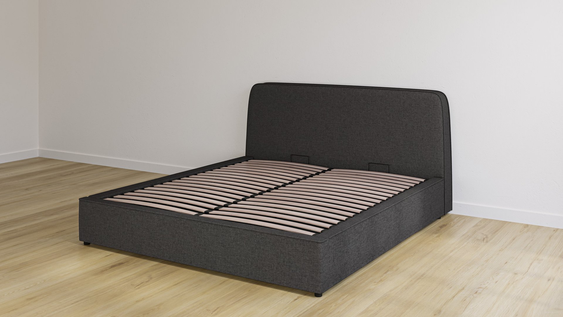 Lit de rangement Emma en tissu couleur sable avec tête de lit, base relevée ouverte pour montrer les lattes en bois et les poignées de levage.