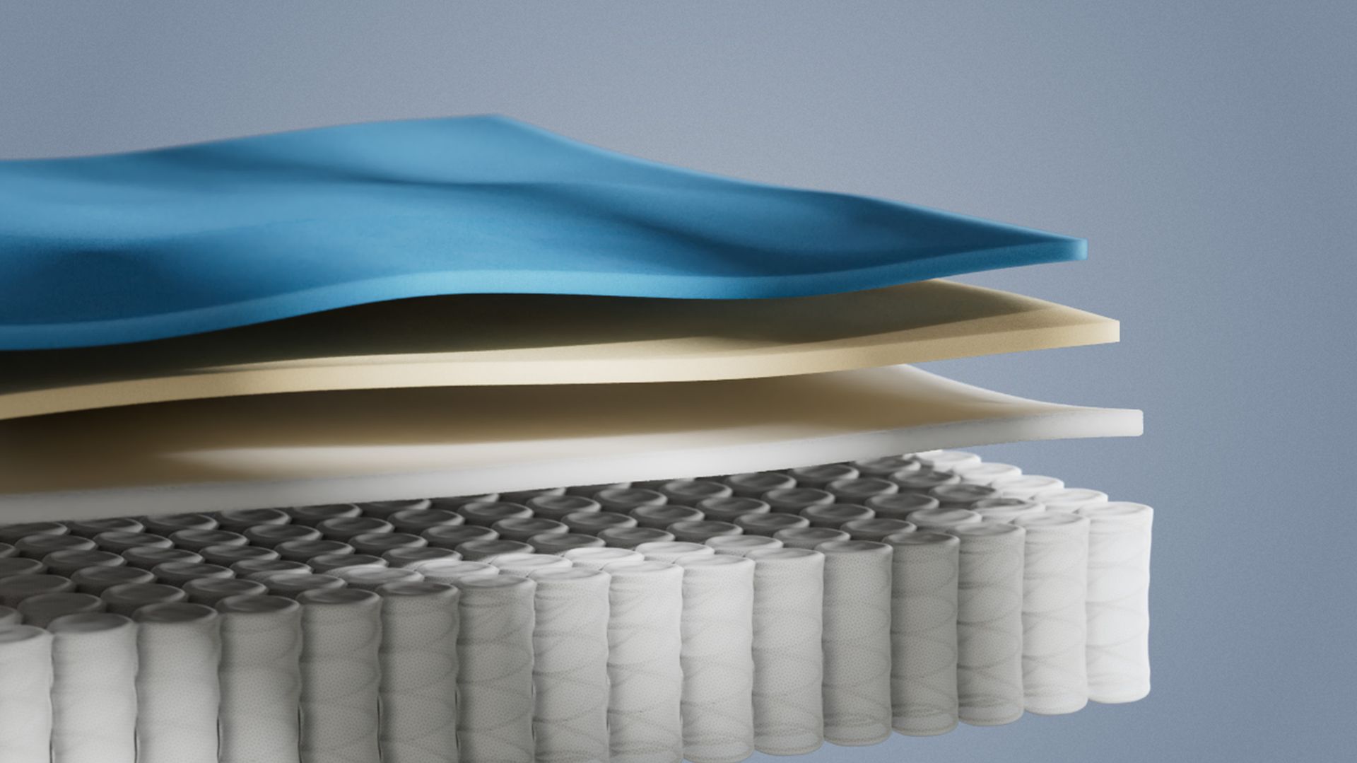 Vue en coupe d’un matelas hybride montrant plusieurs couches de mousse et une base de ressorts ensachés, illustrant le soutien, la respirabilité et le confort ergonomique du matelas.