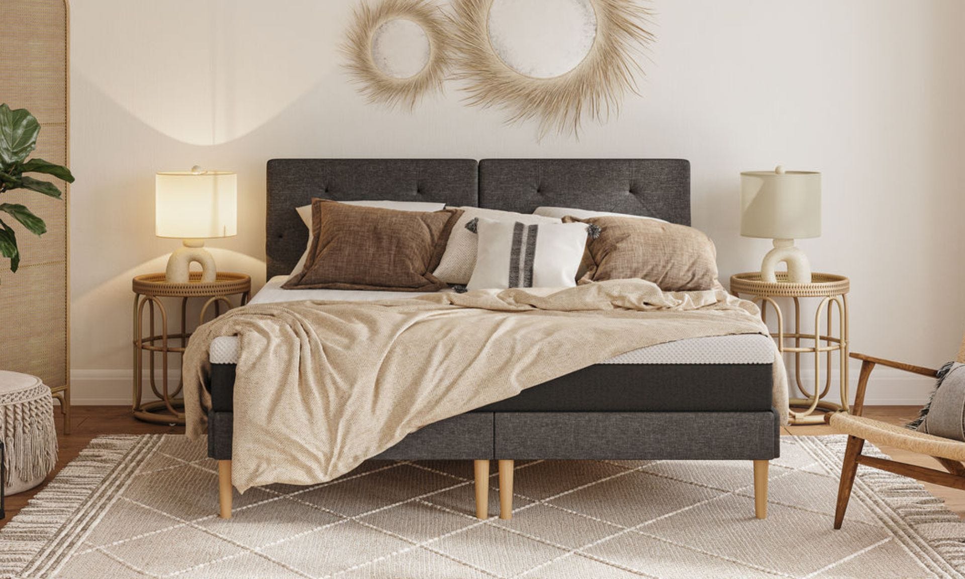 Colchón espuma viscoelástica y muelles ensacados Emma Hybrid Premium ambiente cama tapizada