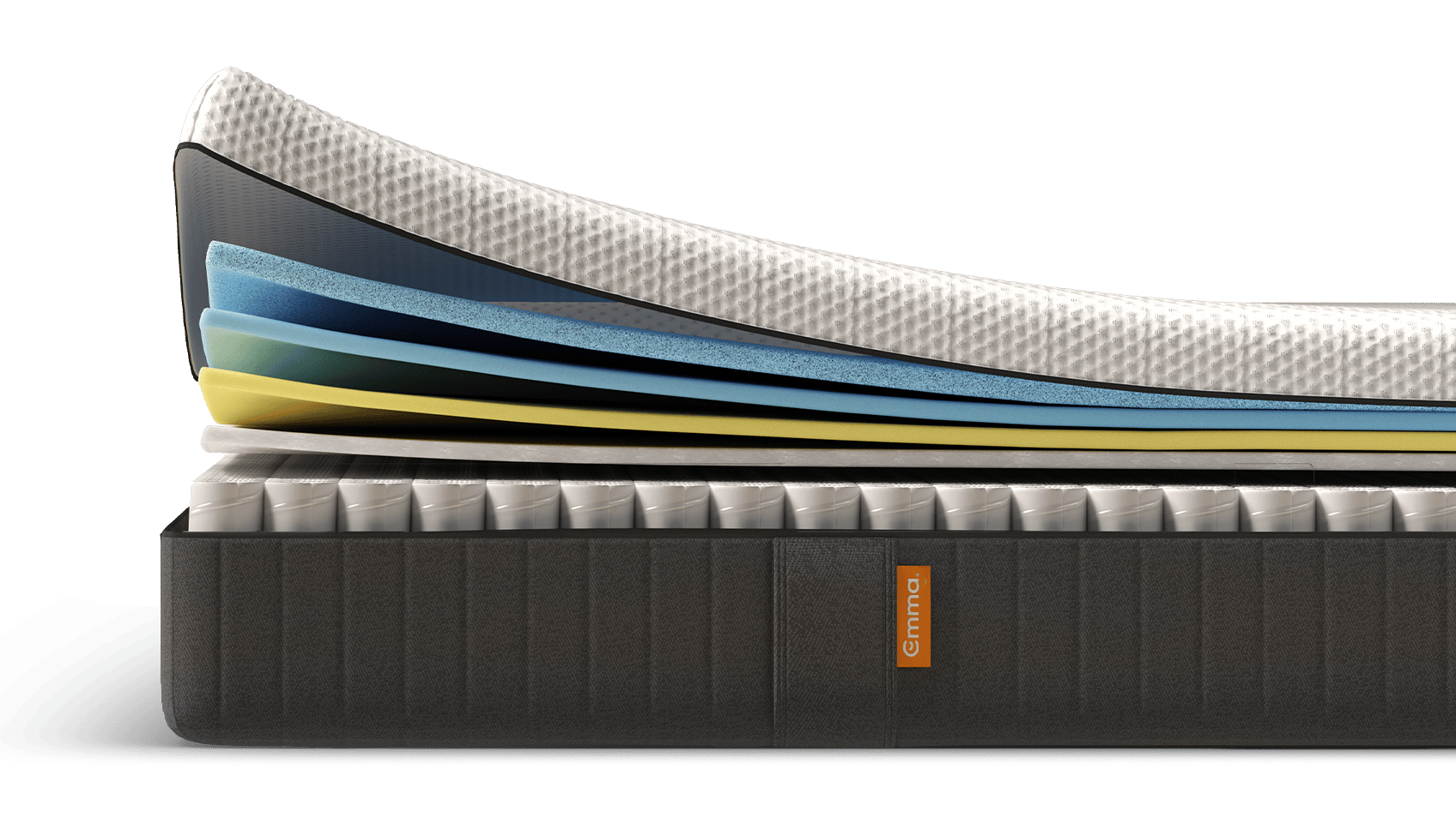 Coupe détaillée d’un matelas hybride montrant plusieurs couches de mousse et une base de ressorts ensachés, illustrant son soutien ergonomique, sa respirabilité et son confort haut de gamme.