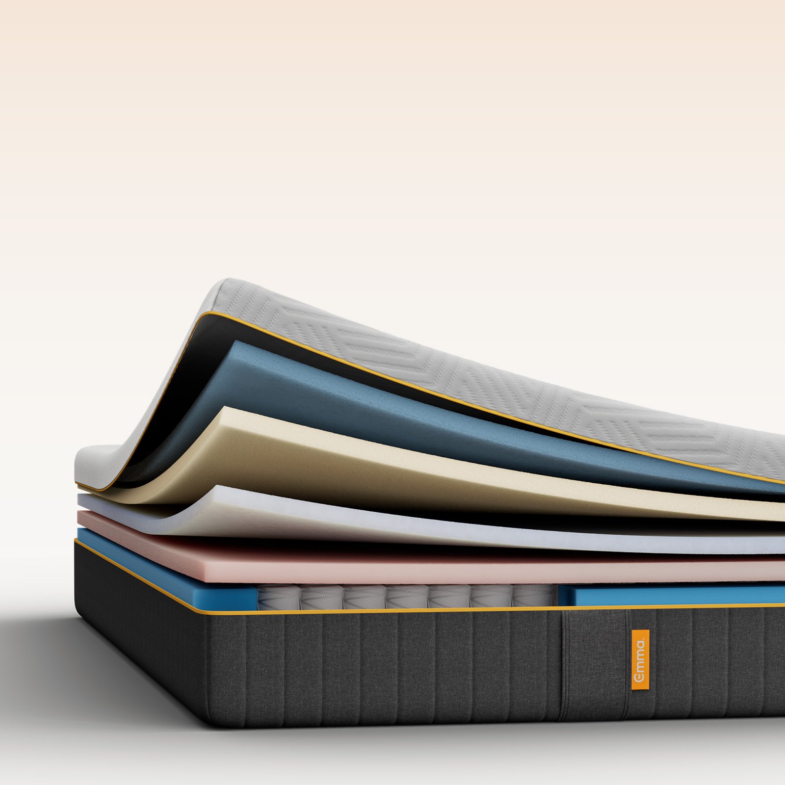 Emma Original Pro mattress layers view showing multiple foam and spring layers with gold trim detailing.