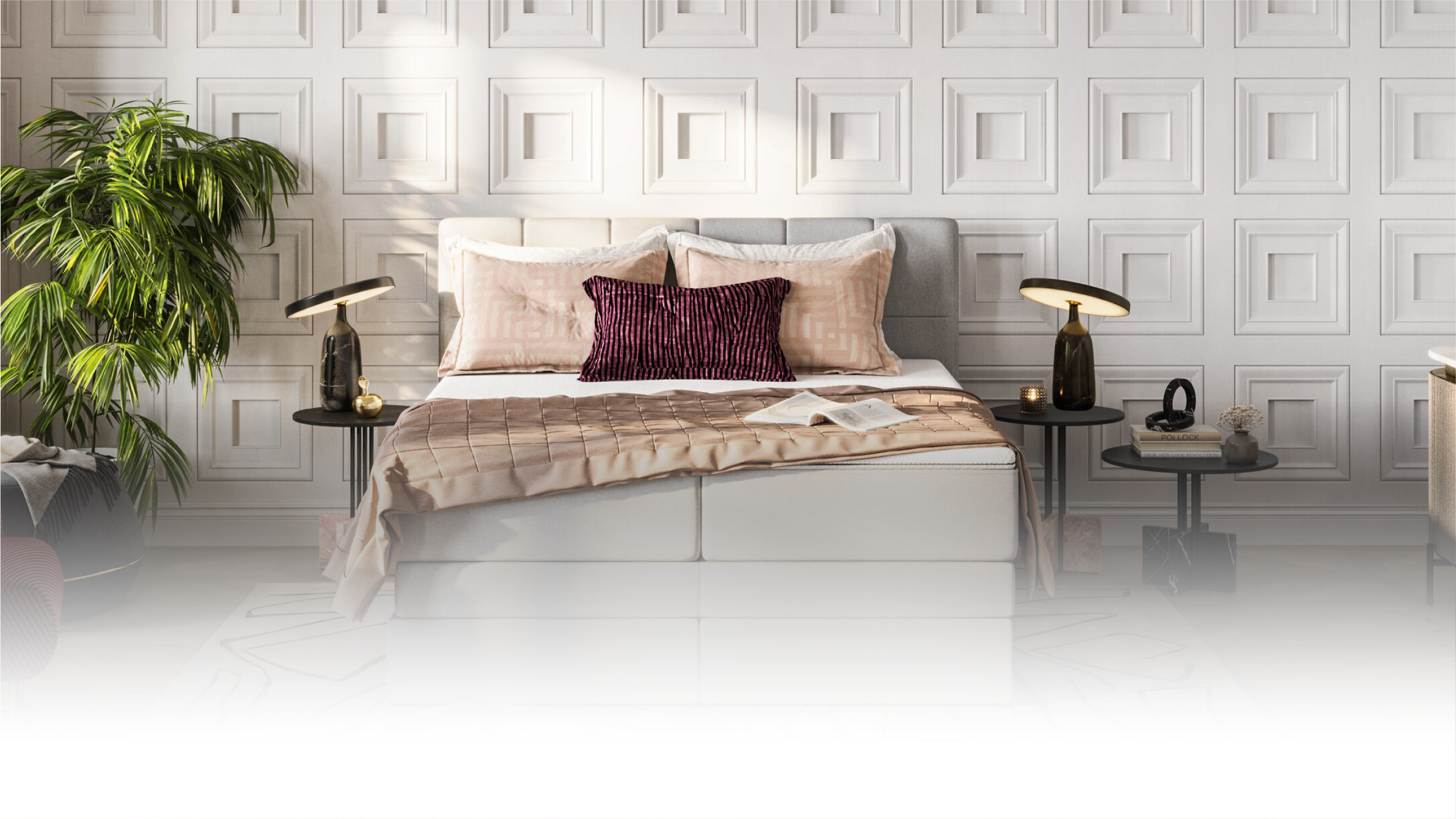 Modernes Boxspringbett mit dekorativen Kissen.