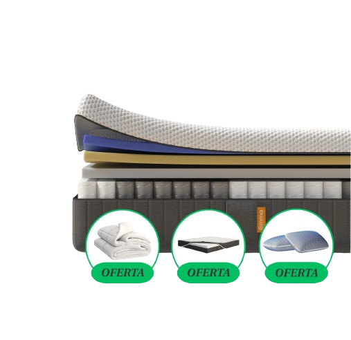   Imagem do colchão Emma Hybrid, com detalhes das camadas visíveis.