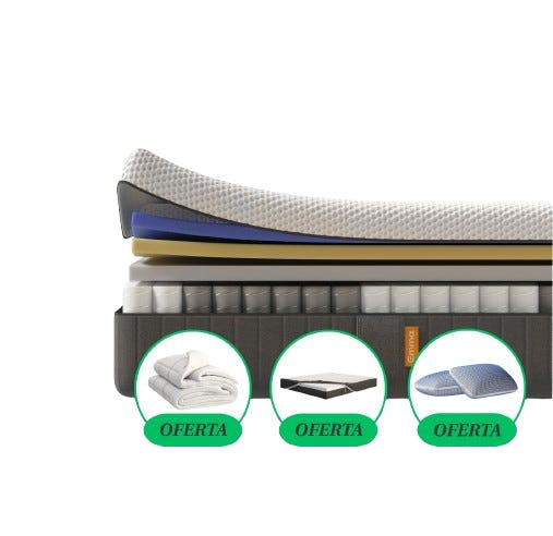 Imagem do colchão Emma Hybrid, com detalhes das camadas visíveis.