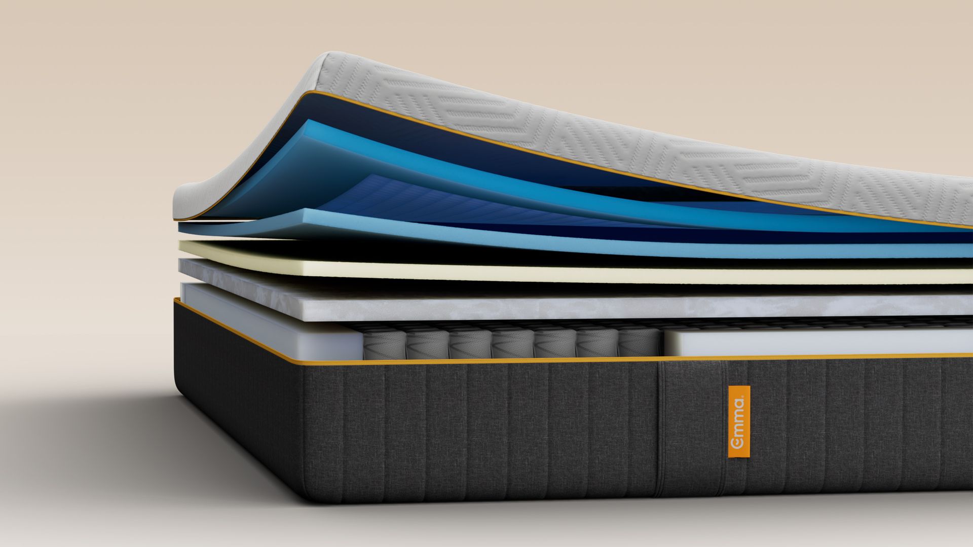 Illustrative cutaway showing the mattress layers and pocket springs.