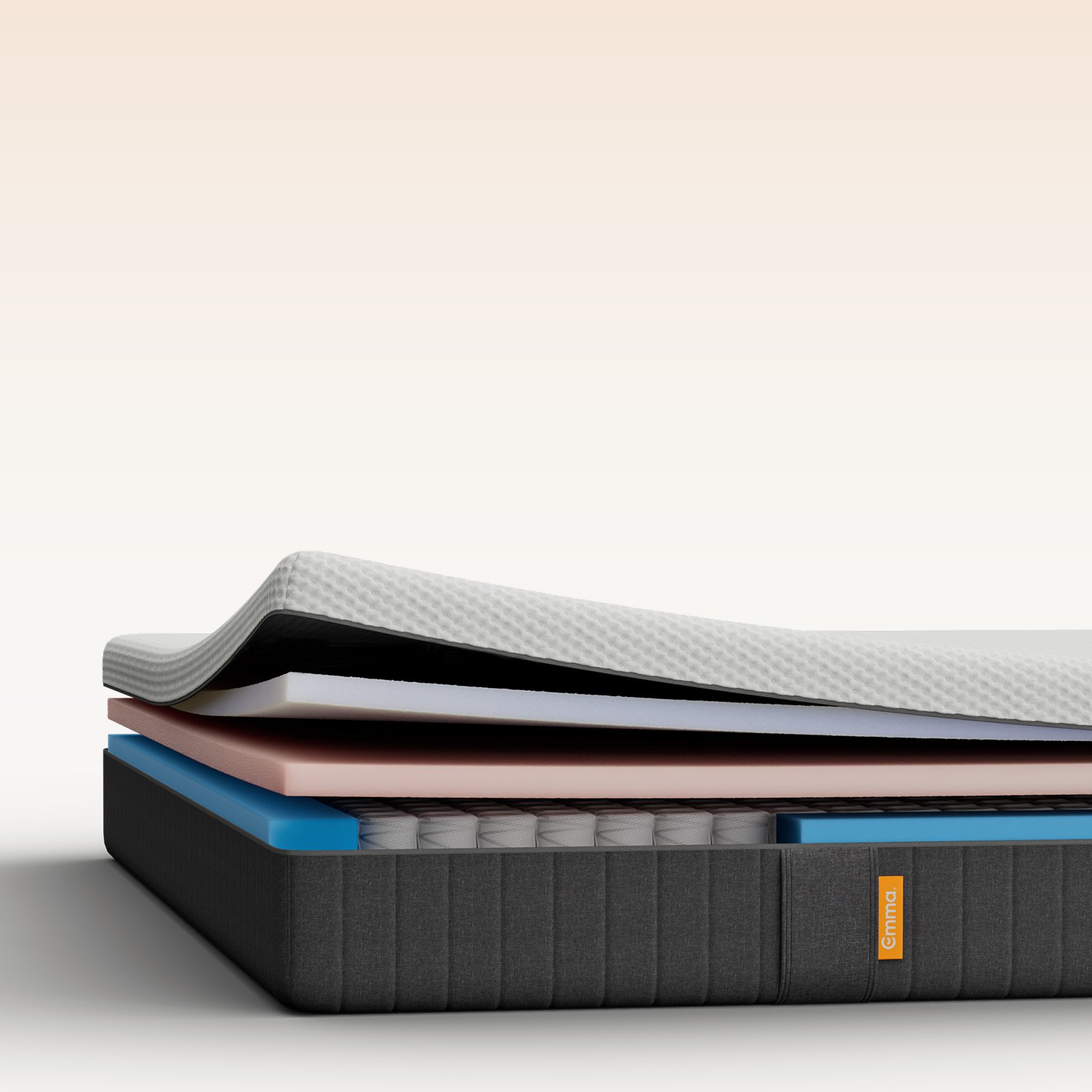 Cross-section of an Emma mattress revealing its layered construction: quilted cover, foam comfort layers, blue base, and pocketed spring core in a dark grey border.