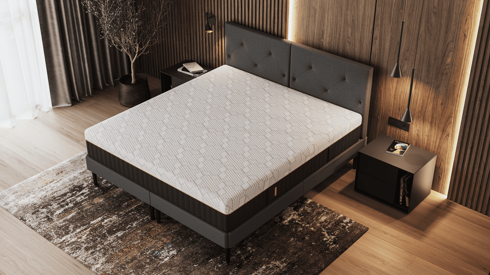 Descubre el colchón Emma AirGrid Elite desde una perspectiva superior en una recámara completa y moderna. Este colchón combina diseño contemporáneo y tecnología de punta para ofrecer un confort inigualable.
