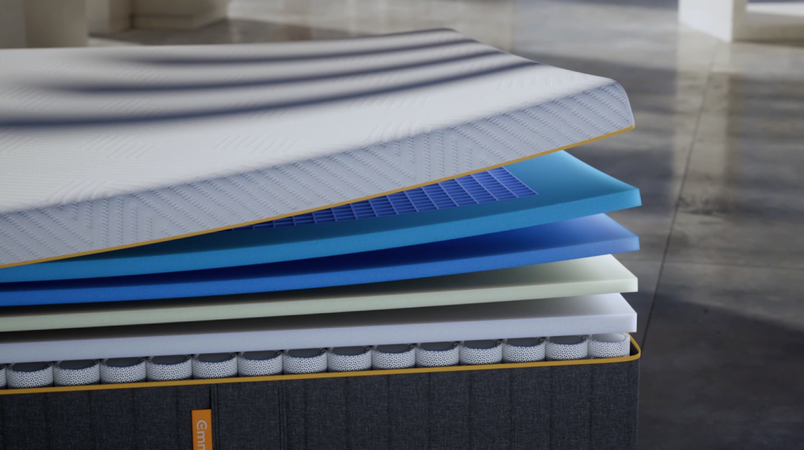 Aufgeschnittene Matratze mit AirGrid®-Technologie und mehreren Schaumstoff- und Federlagen.