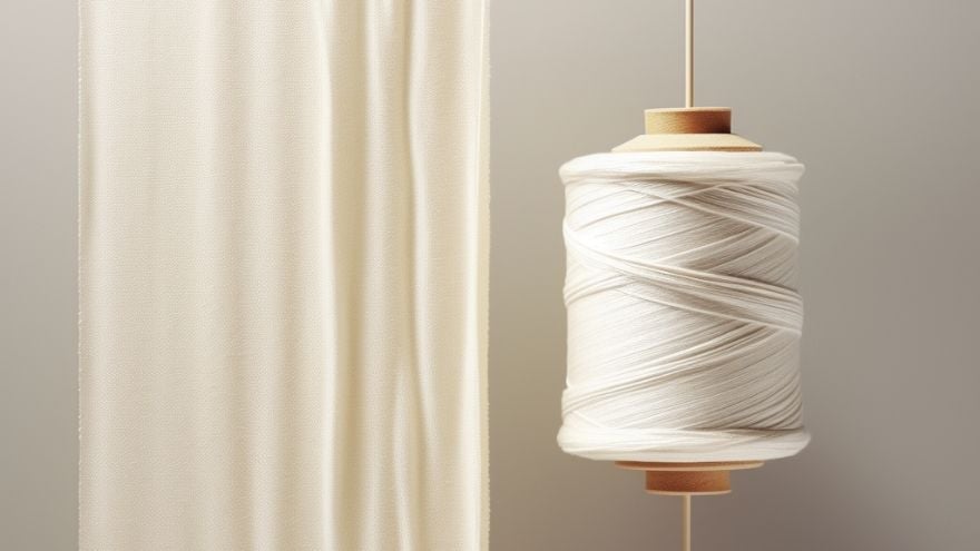 Rouleau de tissu suspendu avec un rideau en arrière-plan dans des tons pastel.