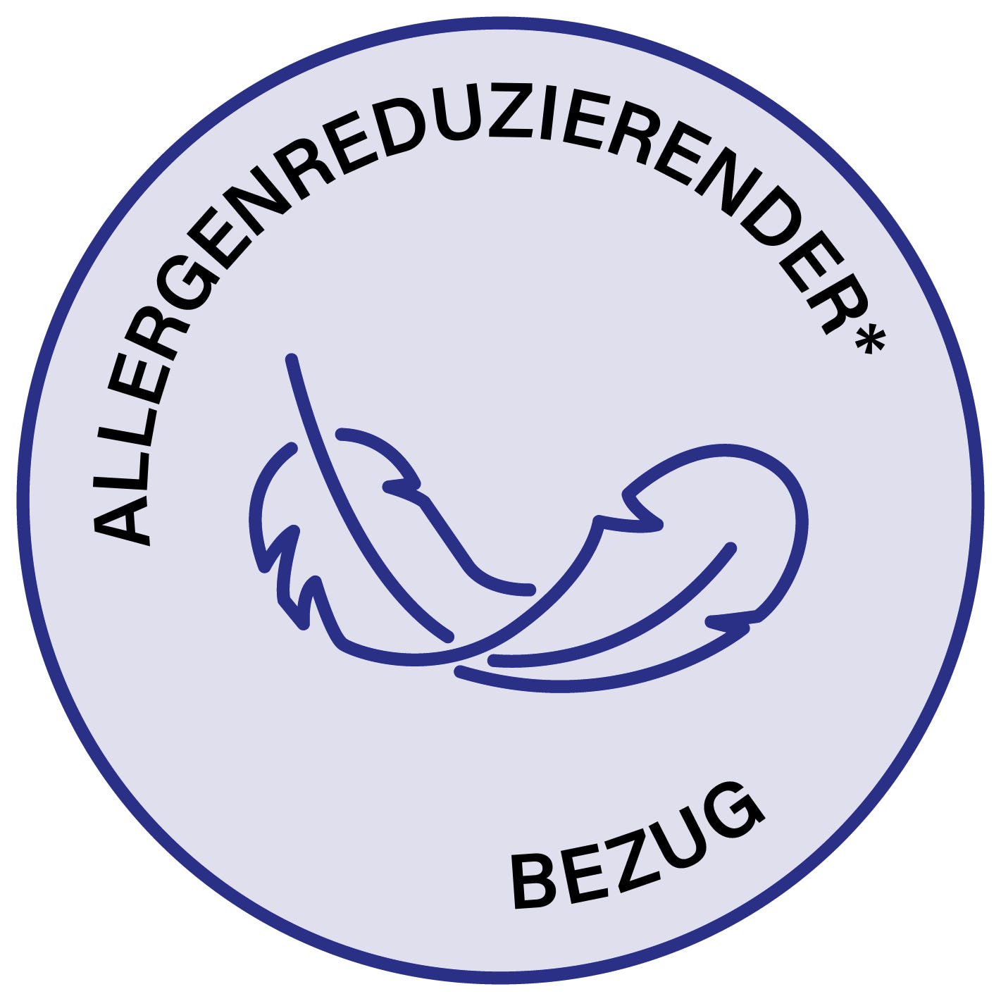 Siegel „Allergenreduzierender Bezug“ mit Feder-Symbol.