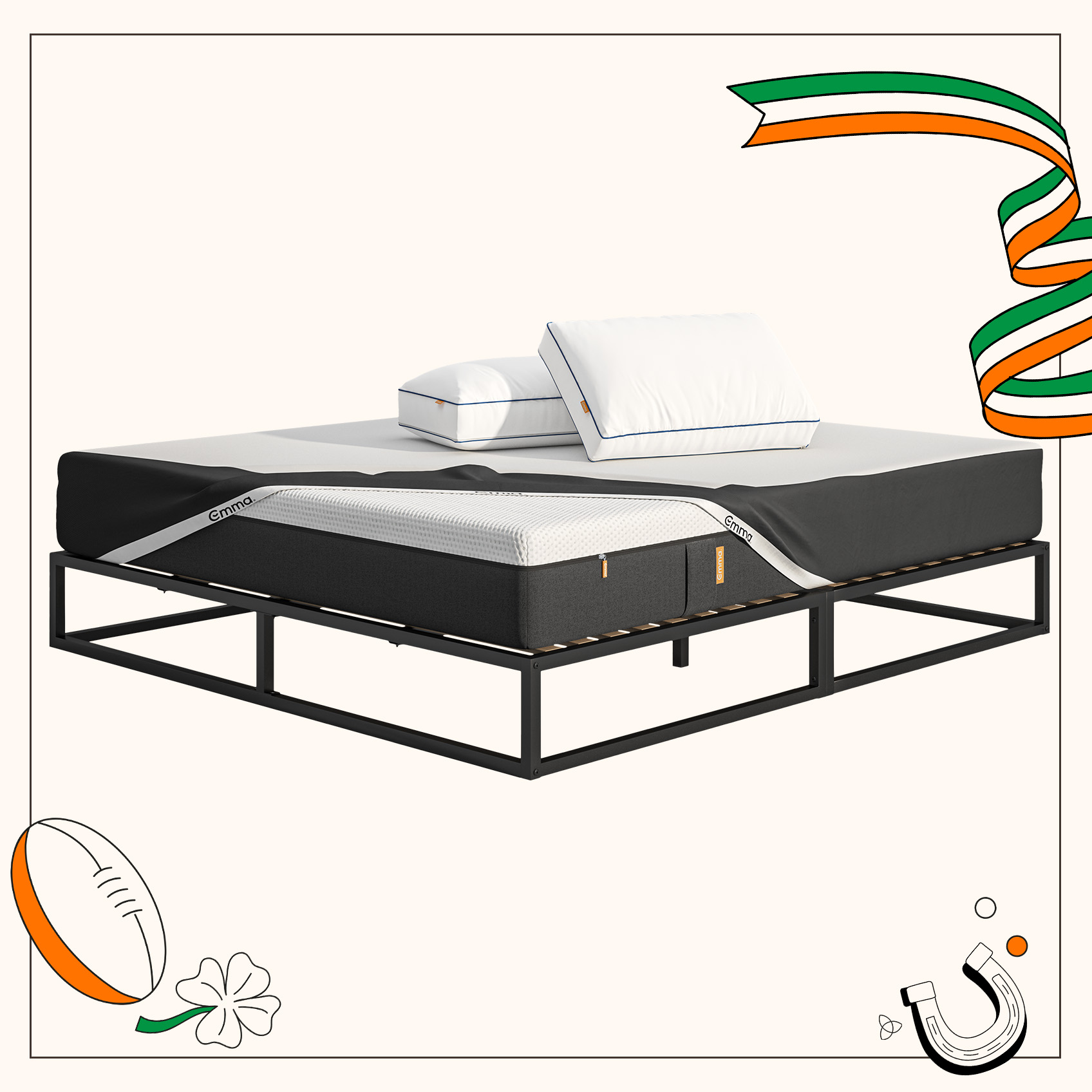Emma Metal Bed Bundle. Includes Bed frame, mattress, pillows and an optional mattress protector.