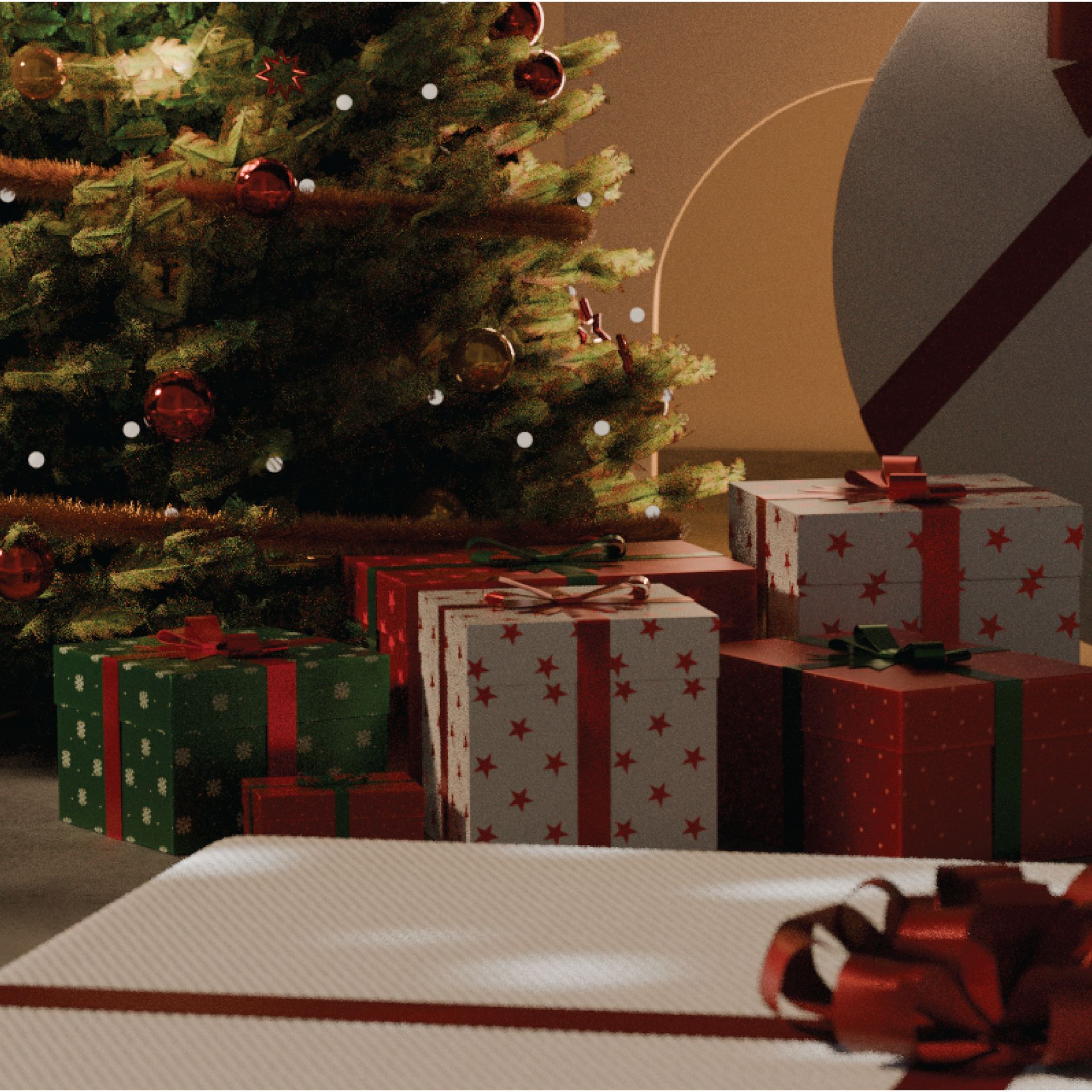 multitud de regalos envueltos en papel rojo y verde debajo d eun arbol de navidad