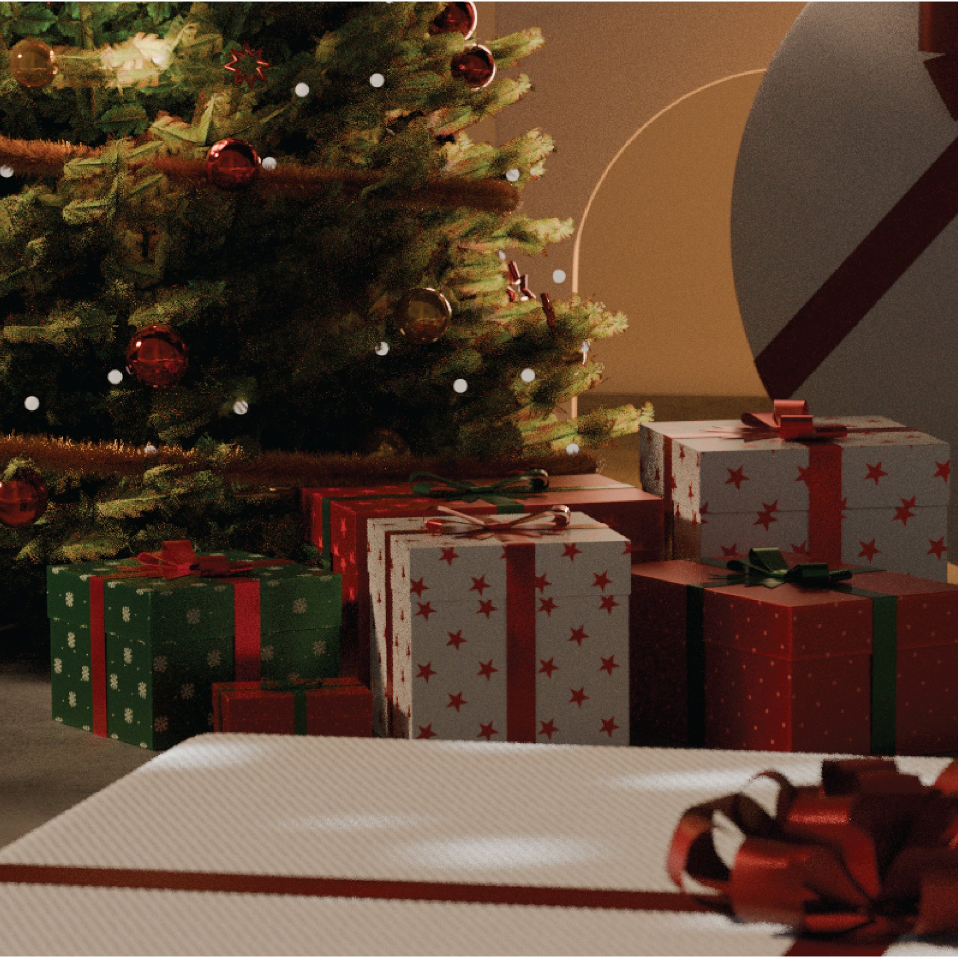 multitud de regalos envueltos en papel rojo y verde debajo d eun arbol de navidad