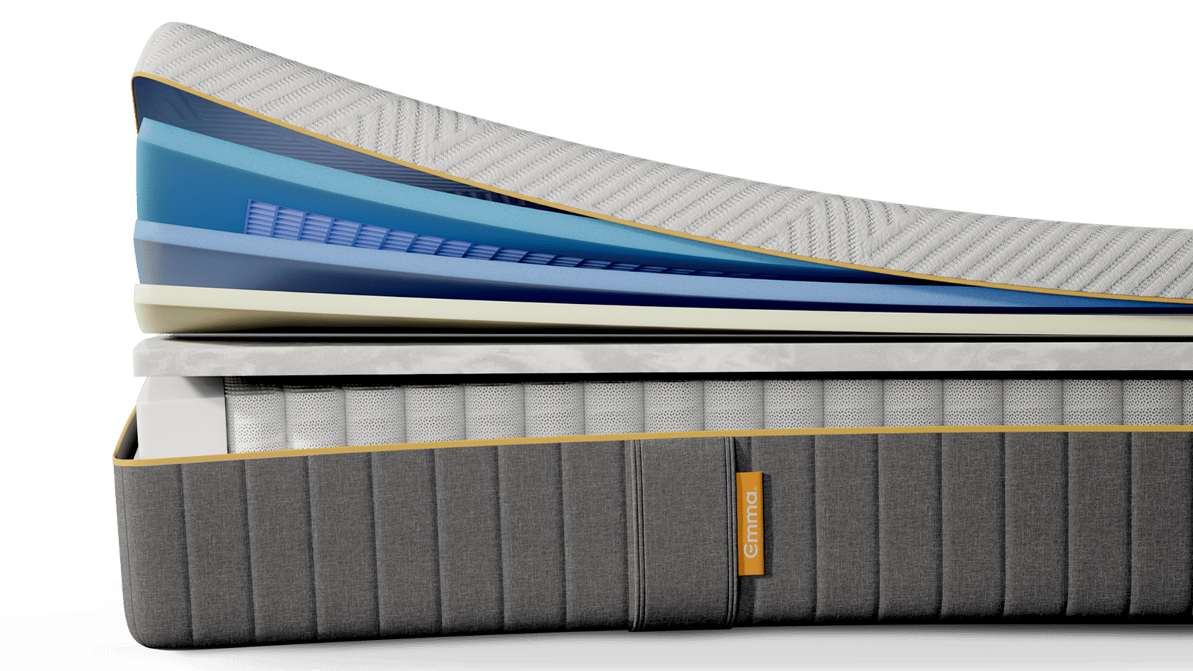 Sezione trasversale di un materasso con strati multipli di materiali, di cui uno in gel.