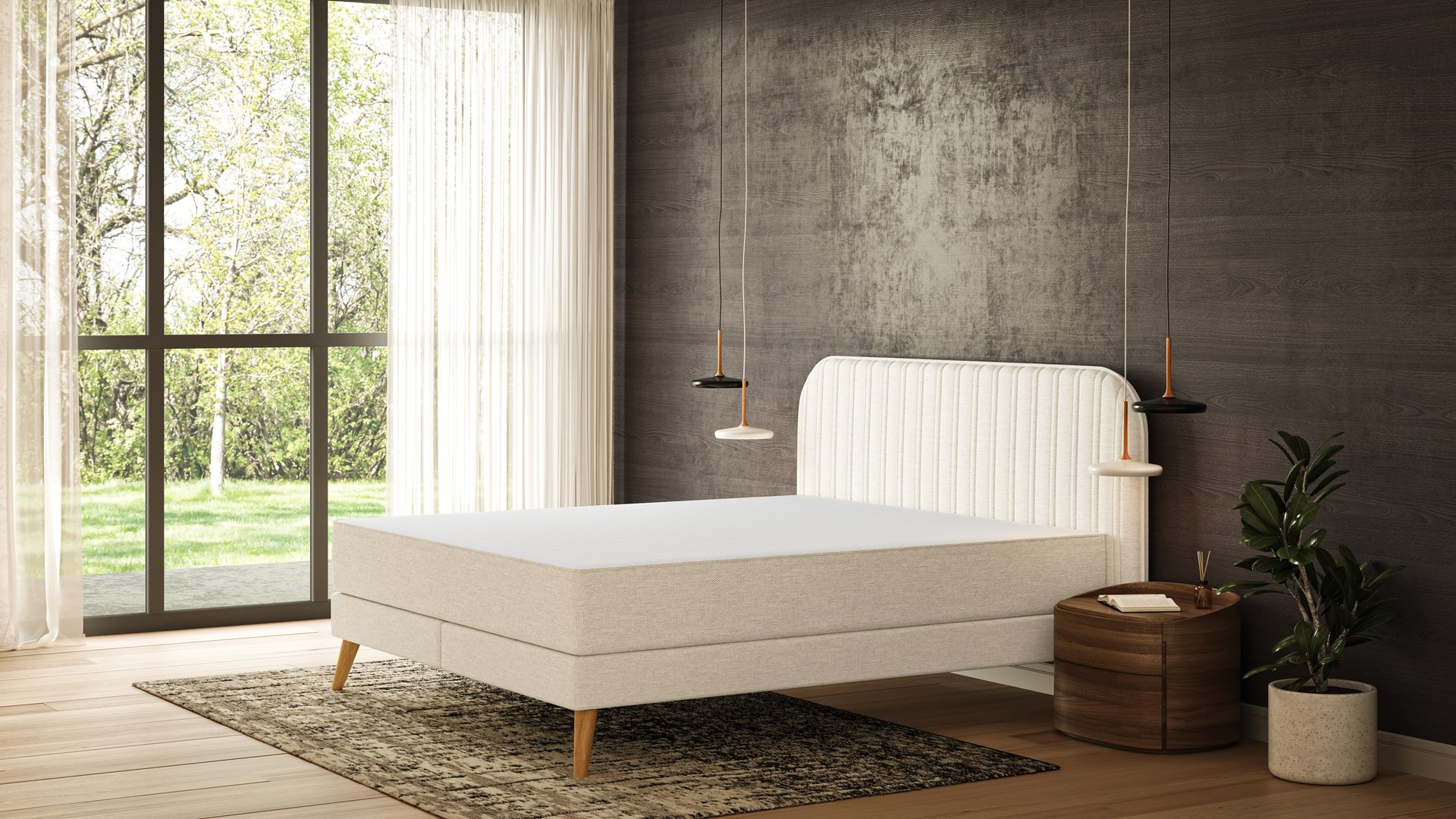 Modern slaapkamerinterieur met een Emma Original Elite Boxspring in beige, voorzien van een wit matras en een gestoffeerd hoofdbord.