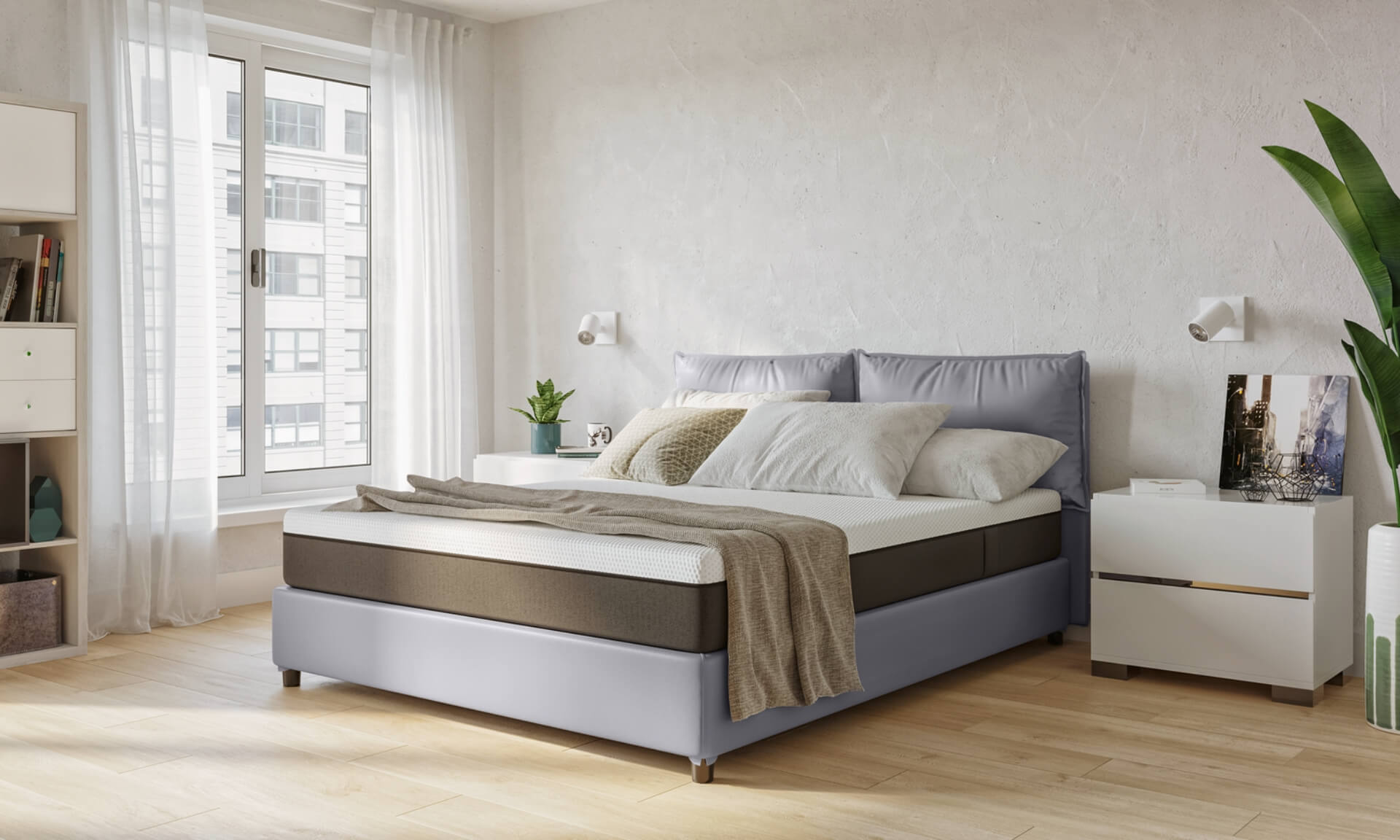 letto contenitore matrimoniale in pelle con materasso e cuscini