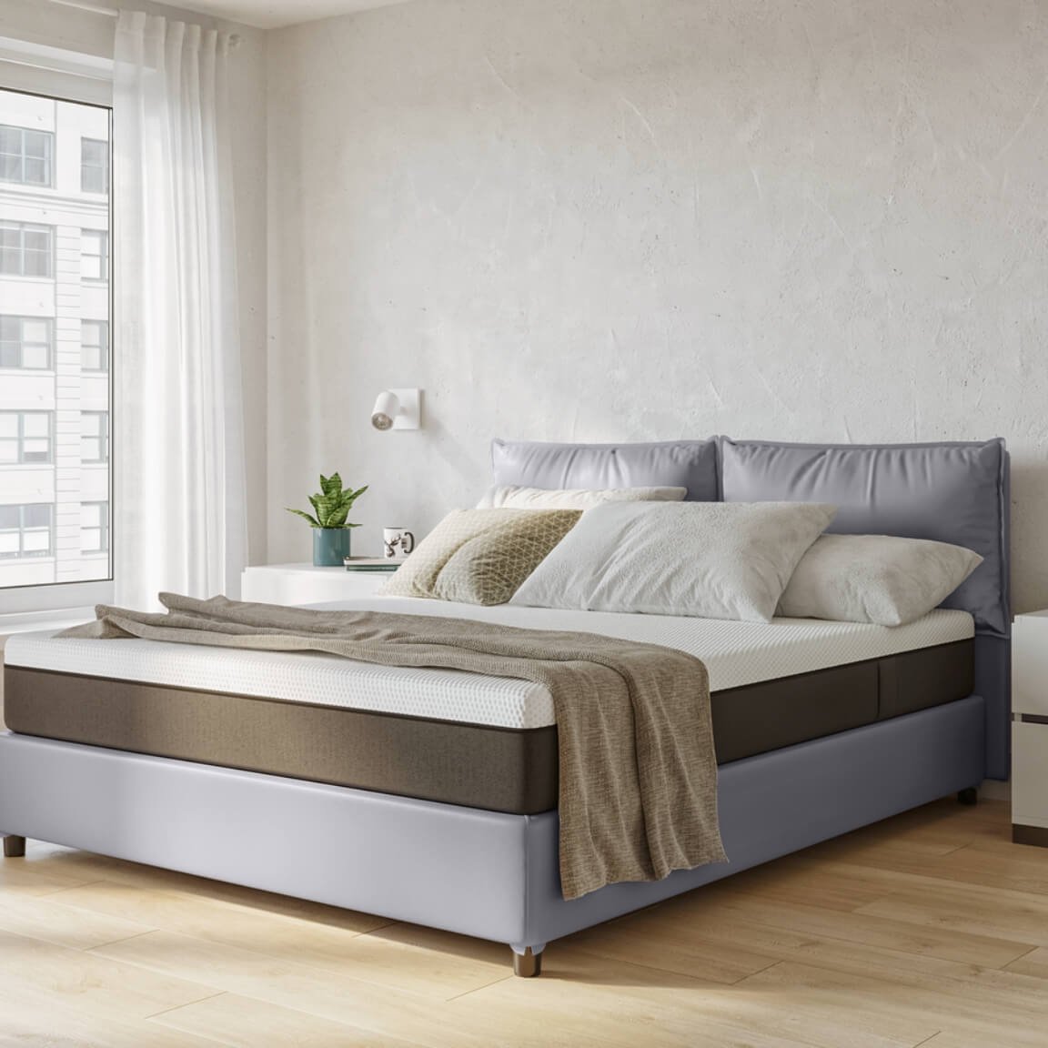 letto contenitore matrimoniale in pelle con materasso e cuscini