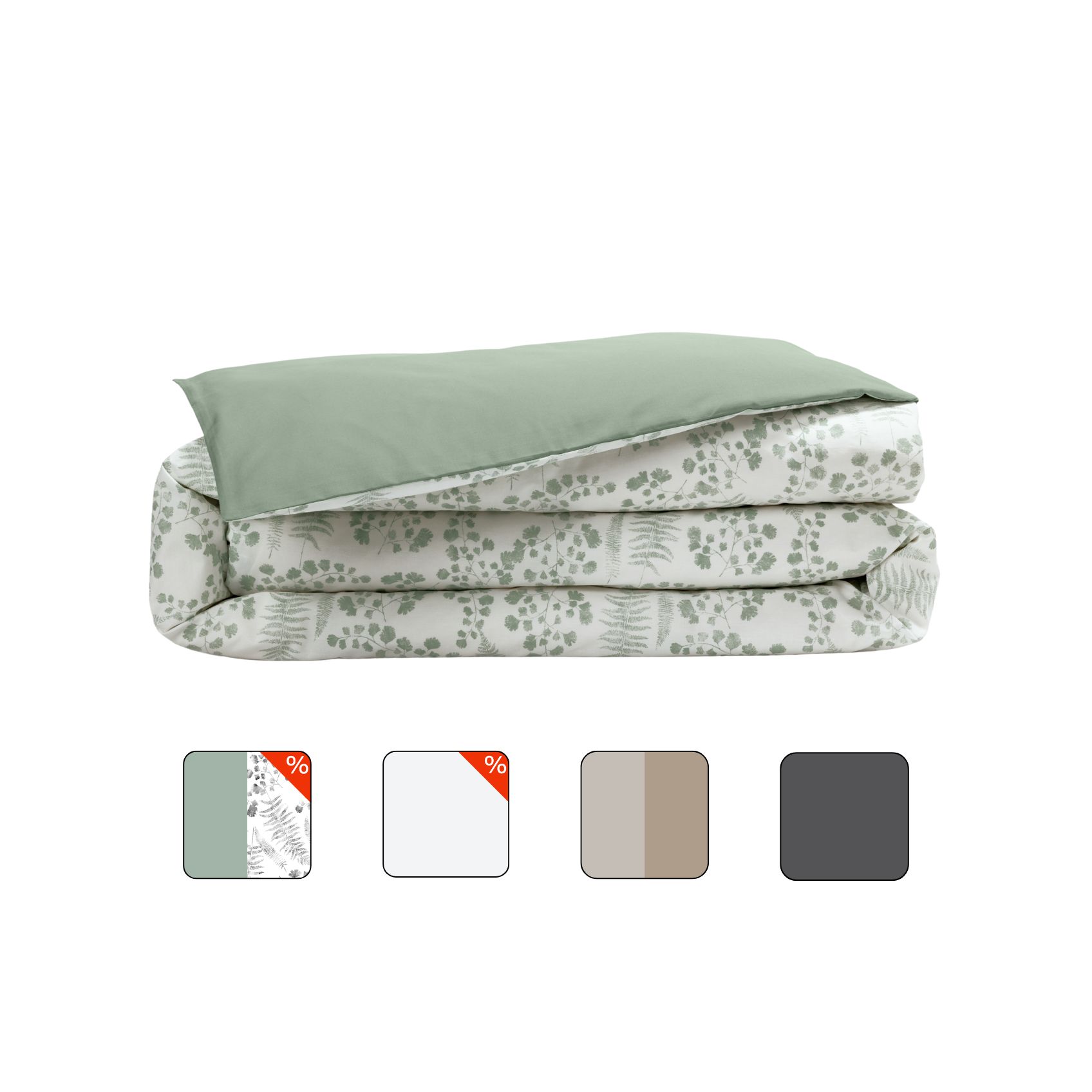 Uma imagem de uma capa de edredon dobrado em percal, em verde eucalipto, com um fundo branco