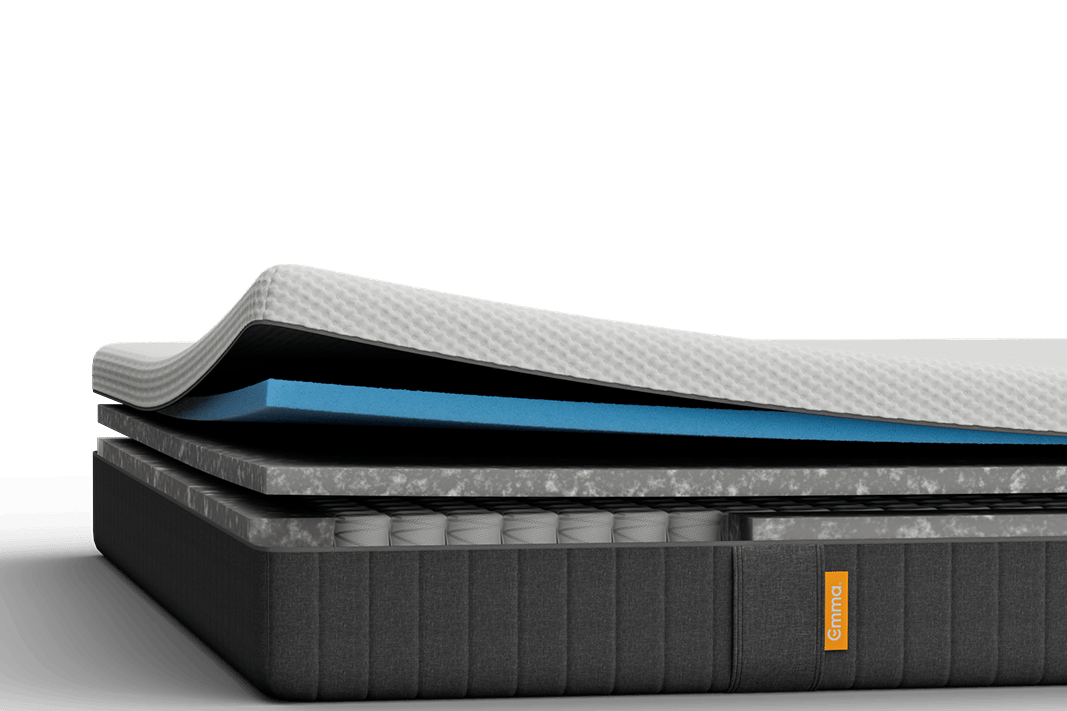 Emma Original Lite mattress layers view showing foam and spring layers with dark grey fabric surround.
