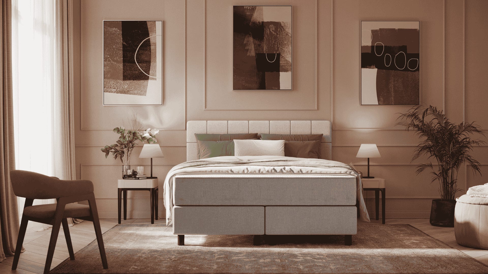 “Stijlvolle slaapkamer met Emma Deluxe Boxspring: lichtgrijze gestoffeerde boxspring met strak opgemaakt bed, flankerend door twee nachtkastjes met lampen en decoratie, abstracte kunst aan de muur en zachte sfeerverlichting.