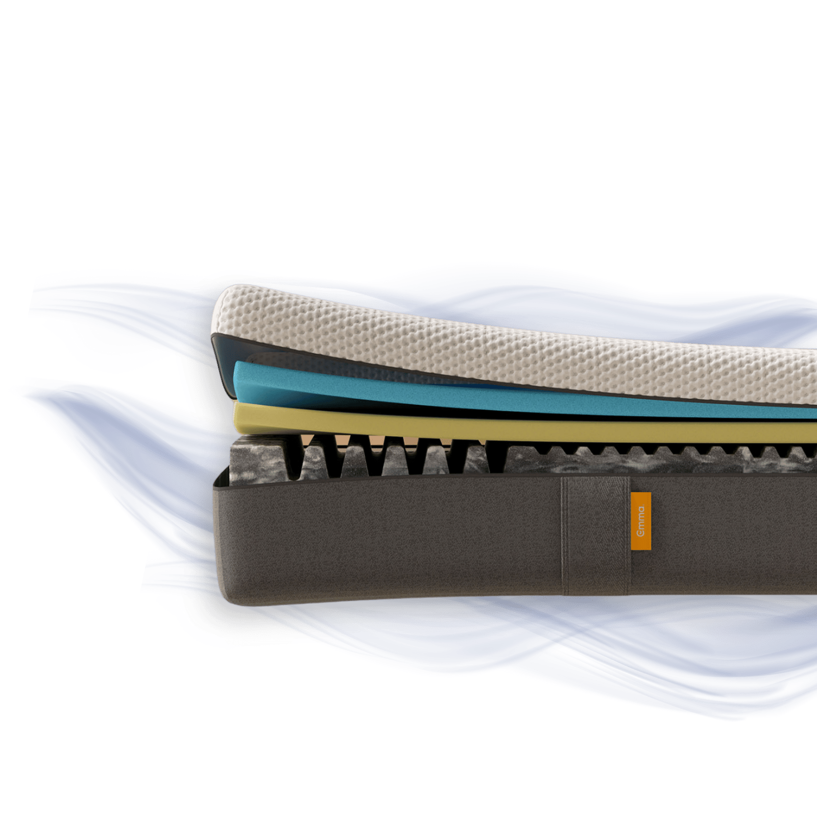 Aufgeschnittene Emma 25 Flip+ Matratze mit sichtbaren Schichten und Temperaturregulierung.