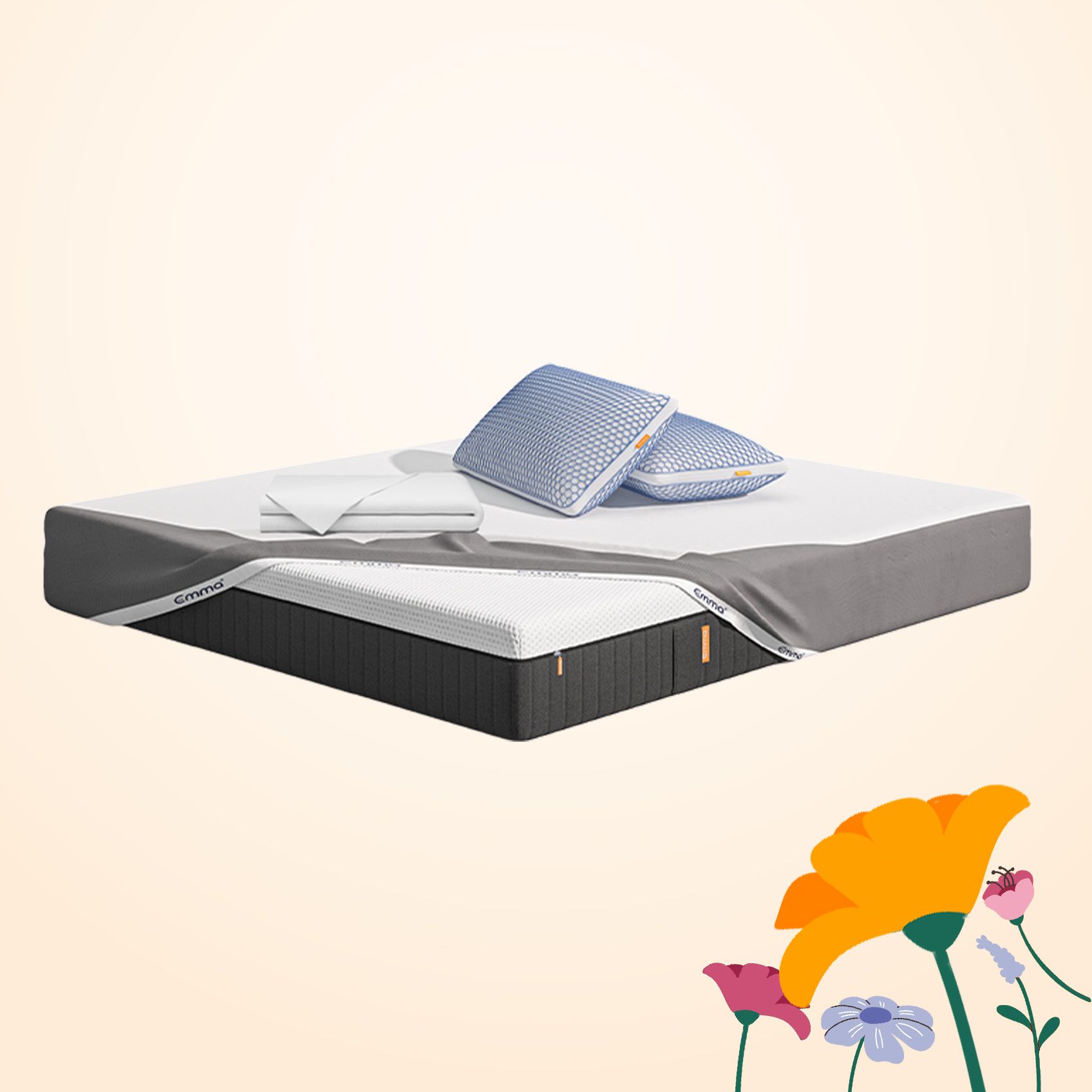 Uma imagem do pack Cooling Sleep Plus, que inclui um colchão Emma Hybrid Premium, almofadas Zero Gravity, roupa de cama, e uma capa protetora