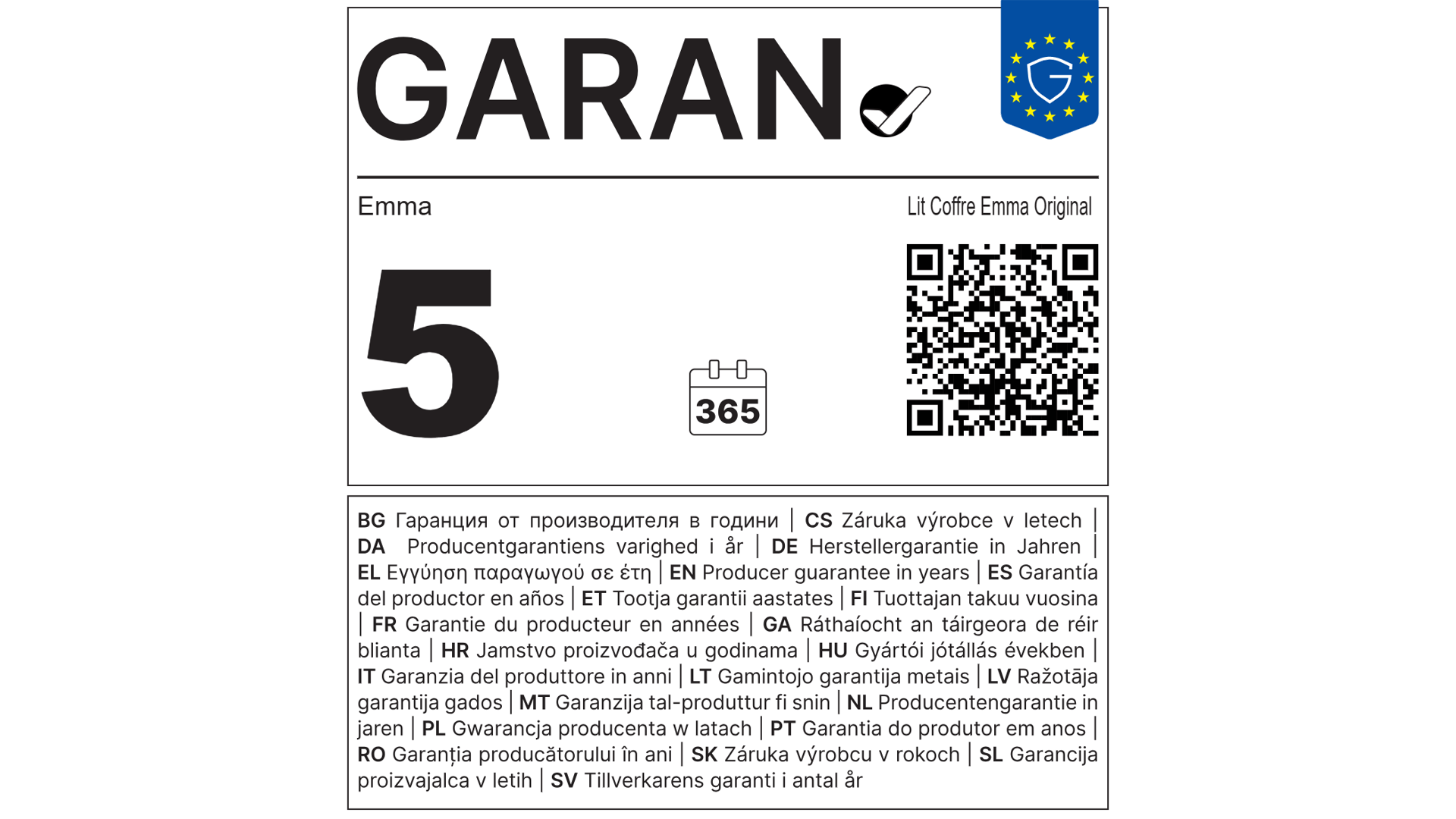 Étiquette de garantie UE : 5 ans de garantie sur le Lit Coffre Emma Original.