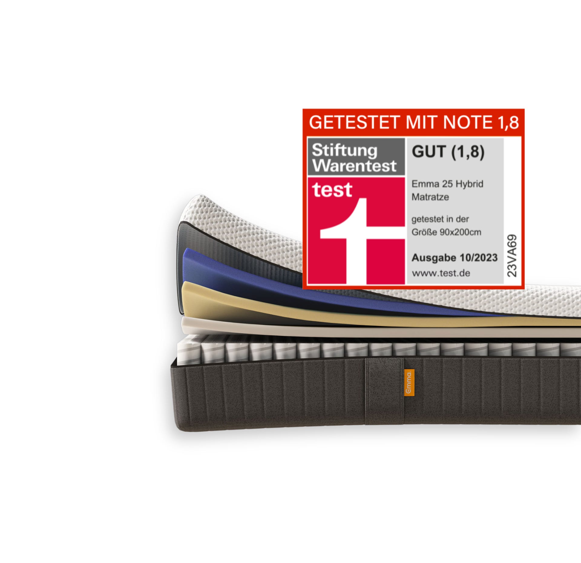 Aufgeschnittene Emma 25 Hybrid Matratze mit sichtbaren Schichten und Stiftung Warentest Siegel.