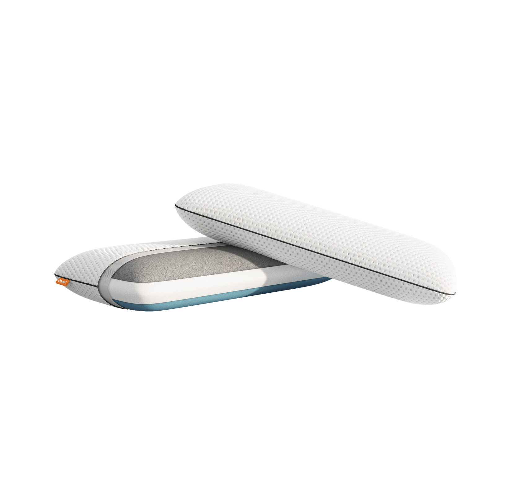 Due cuscini rettangolari bianchi con bordi arrotondati, impilati uno sull’altro.