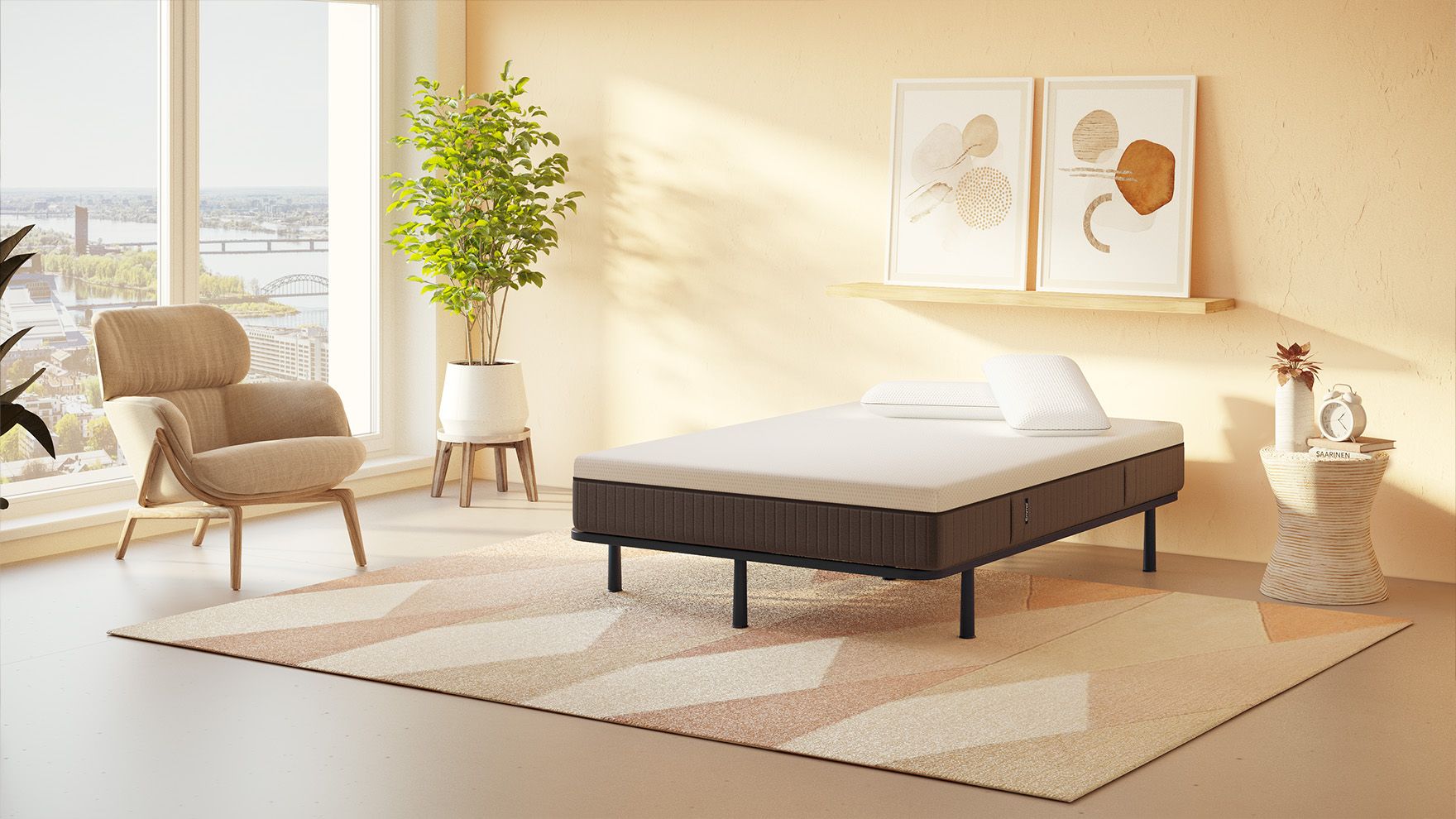 Camera da letto moderna con letto singolo su tappeto geometrico, cuscino bianco e decorazioni neutre.