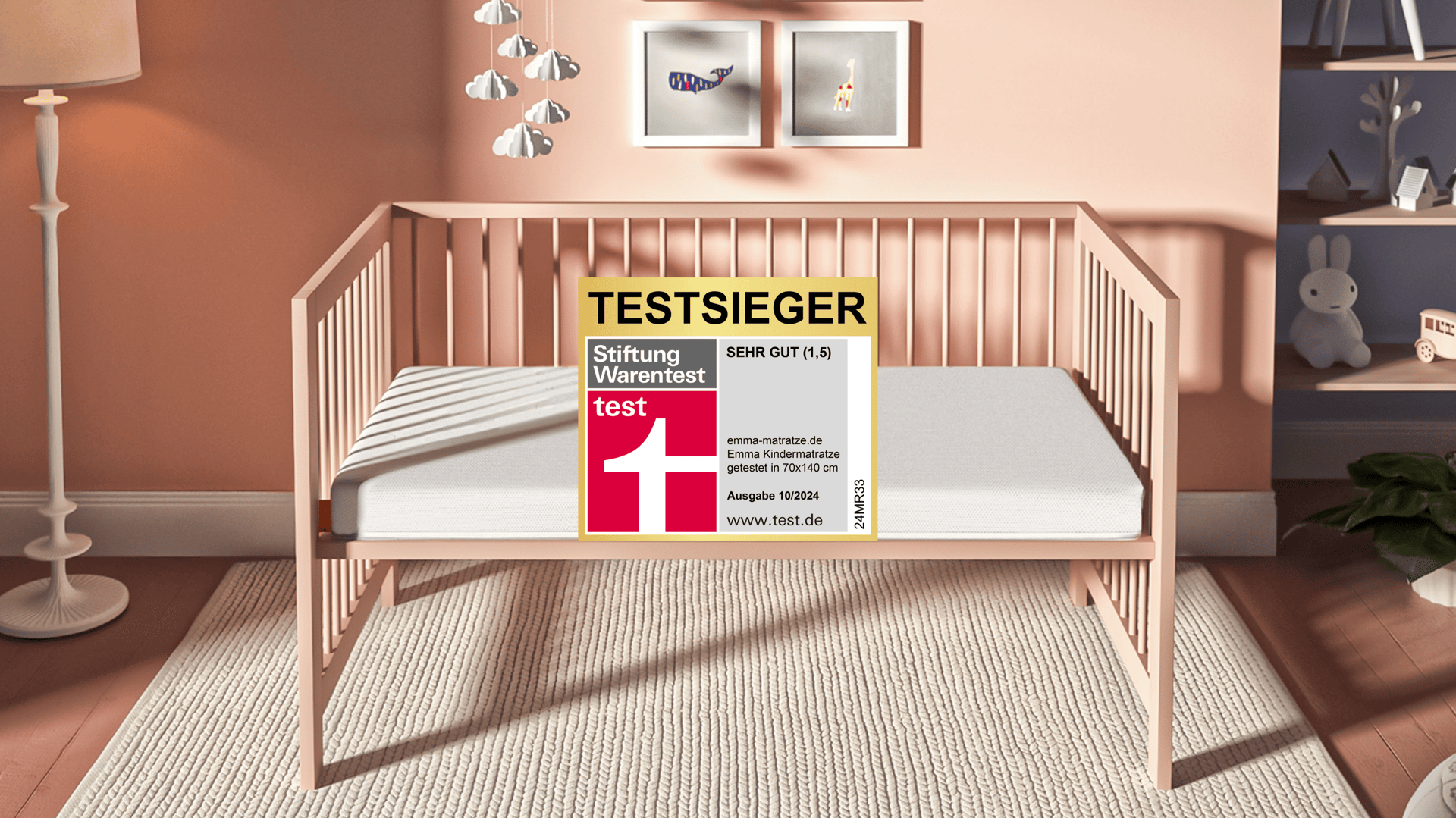 Emma Kindermatratze mit Stiftung Warentest Testsieger Note 1,5 (Sehr Gut), getestet in Größe 70x140 cm, Ausgabe 10/2024.