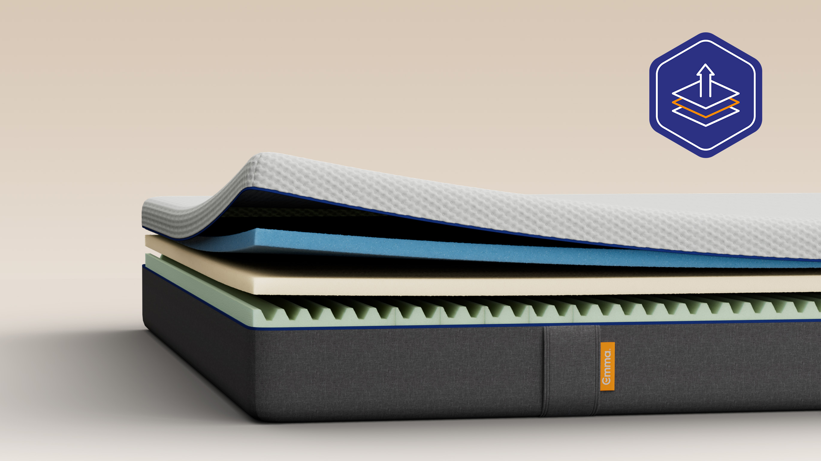 Illustrative cutaway showing the foam layers inside the mattress with a cooling mattress cover.