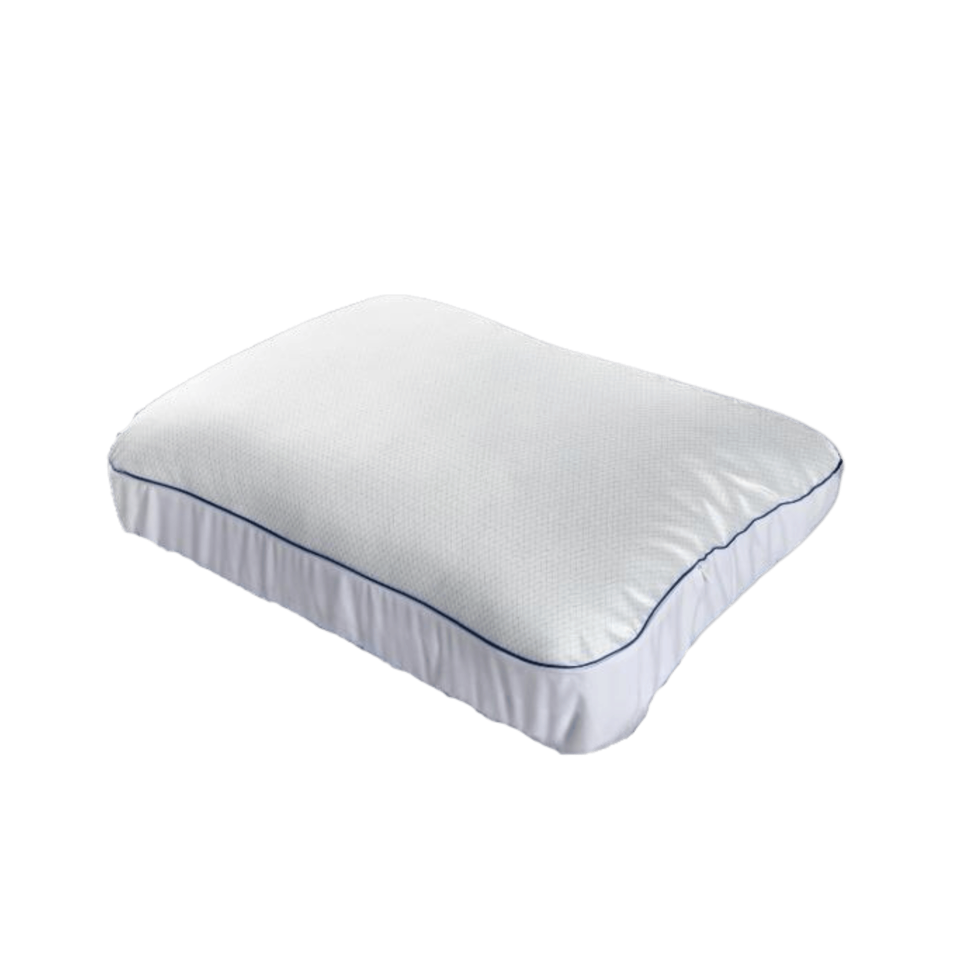 Travesseiro branco com superfície levemente texturizada e acabamento em borda azul, visto em fundo neutro.