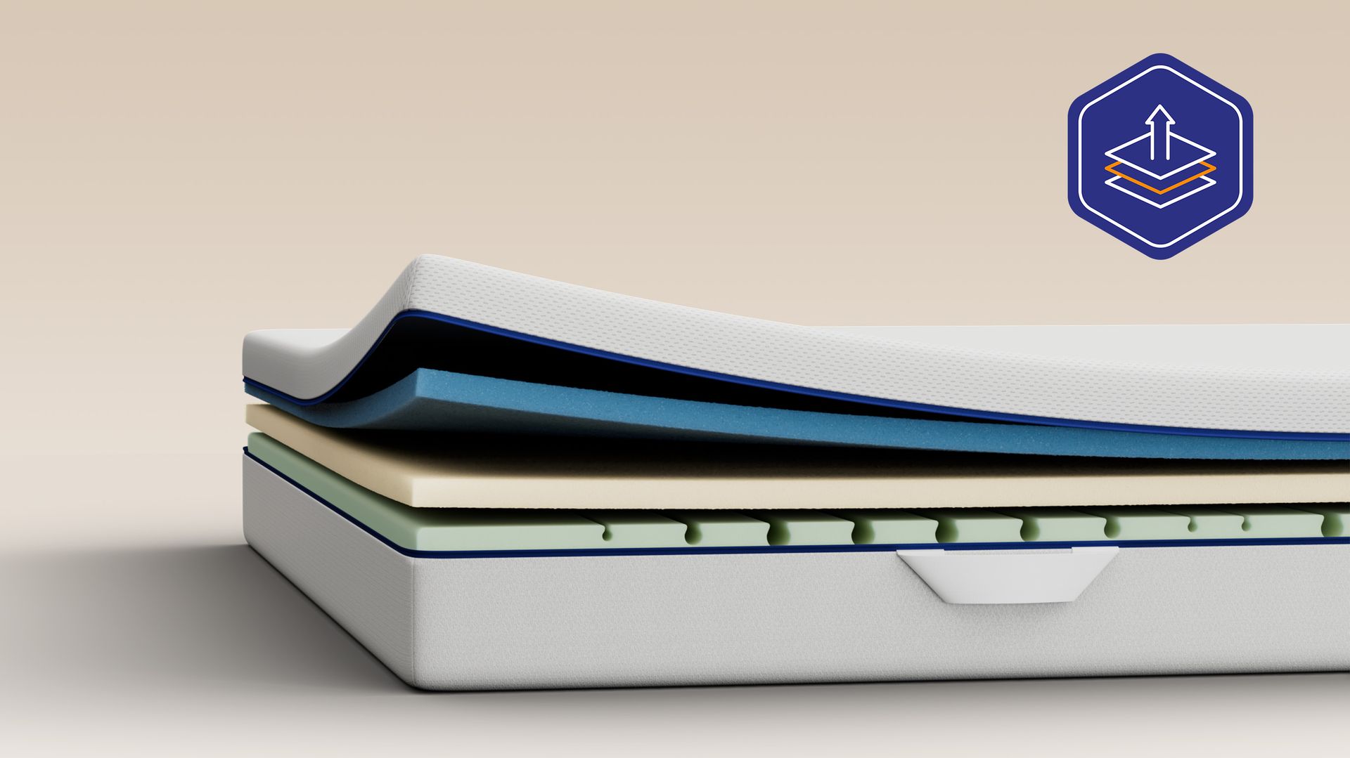 Illustrative cutaway showing the foam layers inside the mattress with a cooling mattress cover.