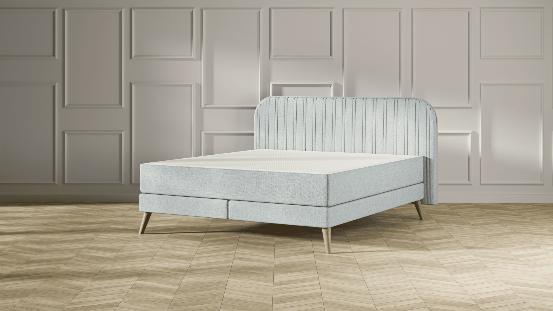 Emma Original Elite  Boxspring bed in mint groen, met gestreept hoofdbord en houten pootjes, geplaatst in een stijlvolle slaapkamer met houten vloer.