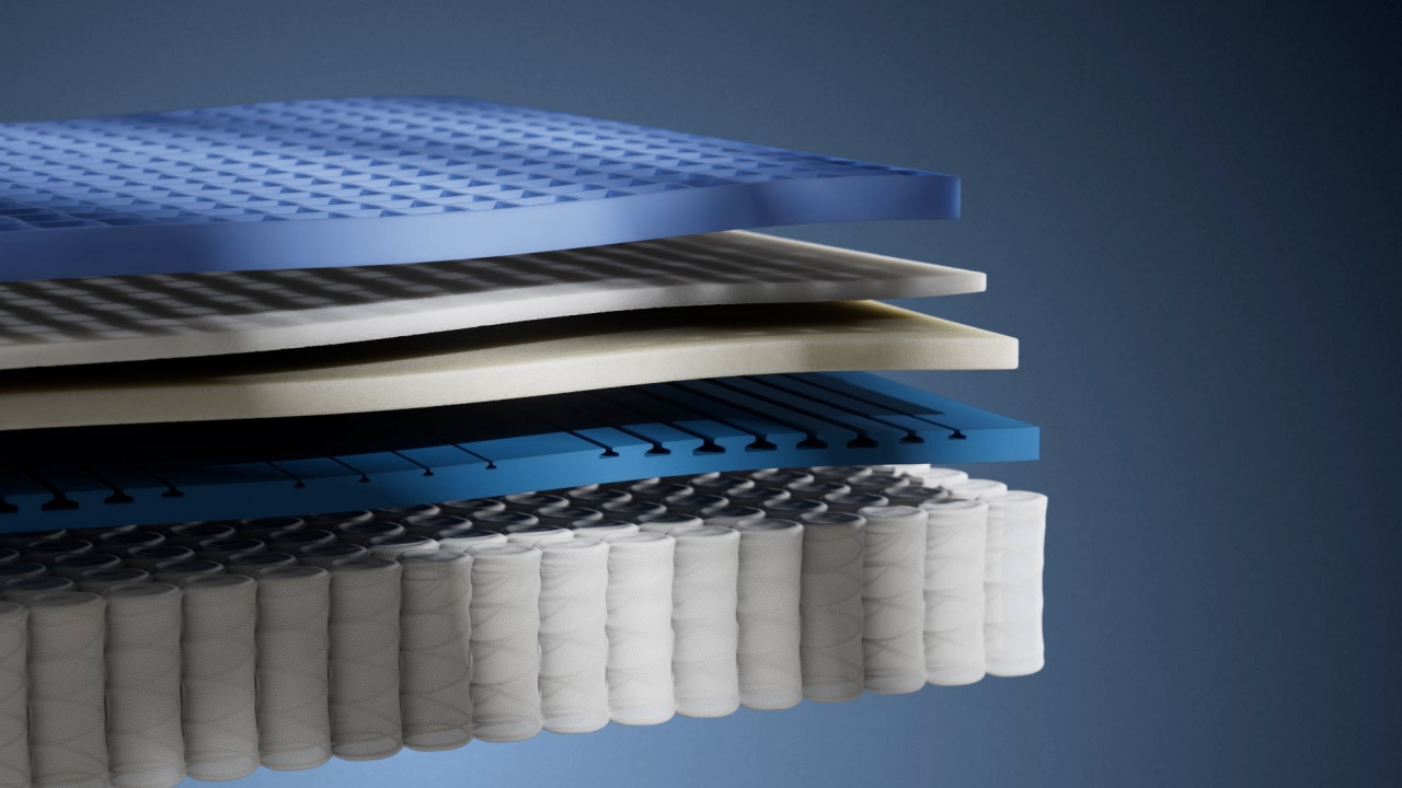 Exploded view of breathable mattress layers including a blue grid, foam and coils, simulating airflow