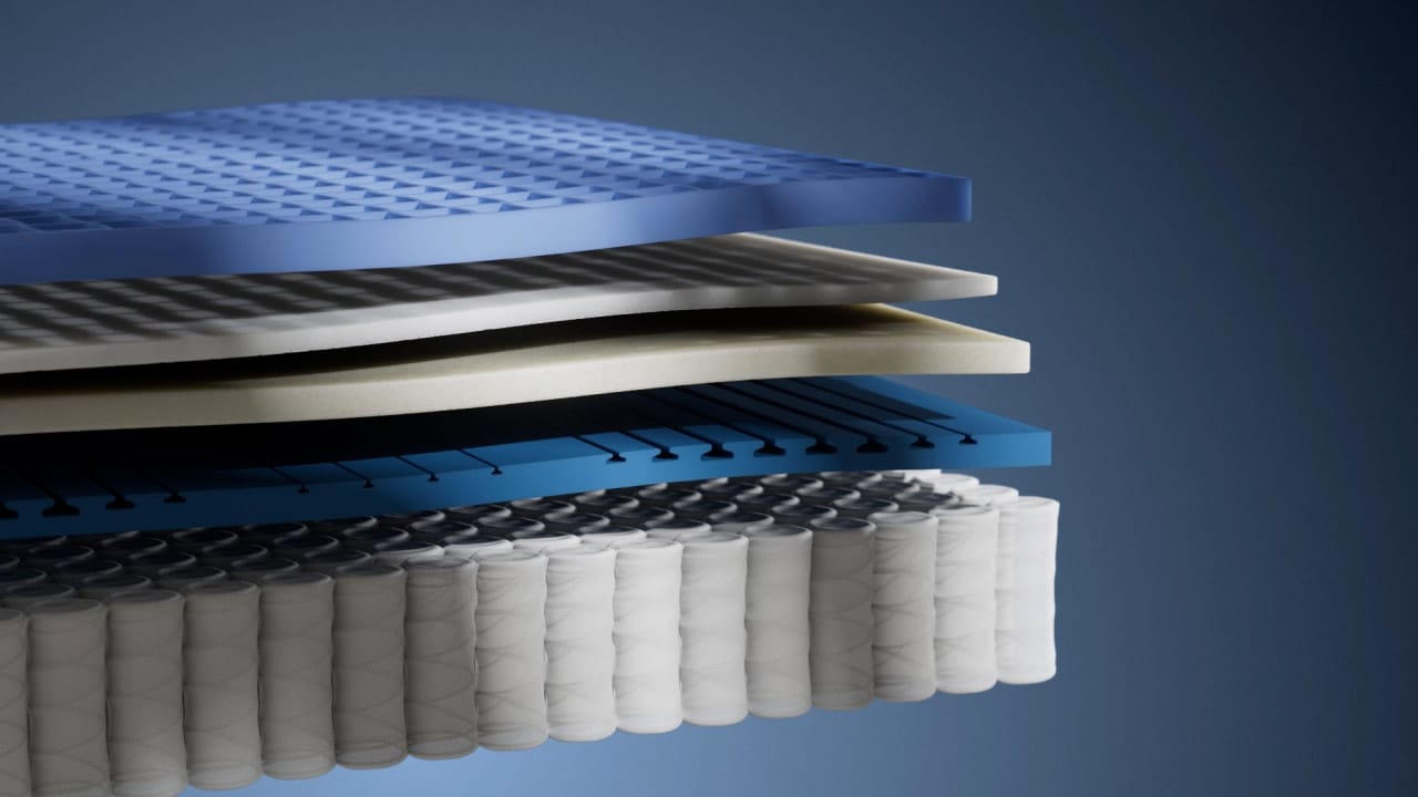 Exploded view of breathable mattress layers including a blue grid, foam and coils, simulating airflow