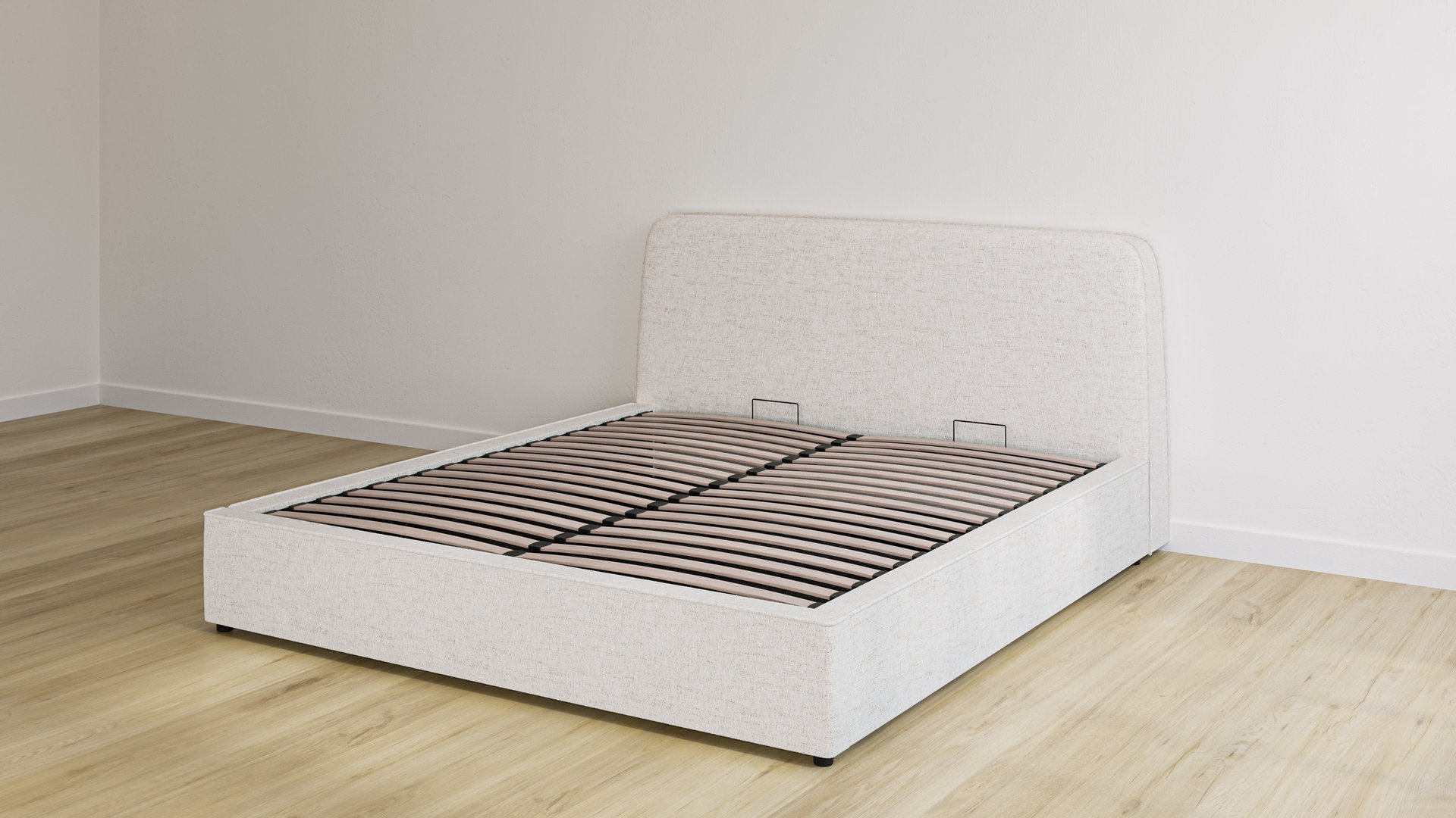 Lit de rangement Emma en tissu couleur sable avec tête de lit, base relevée ouverte pour montrer les lattes en bois et les poignées de levage.