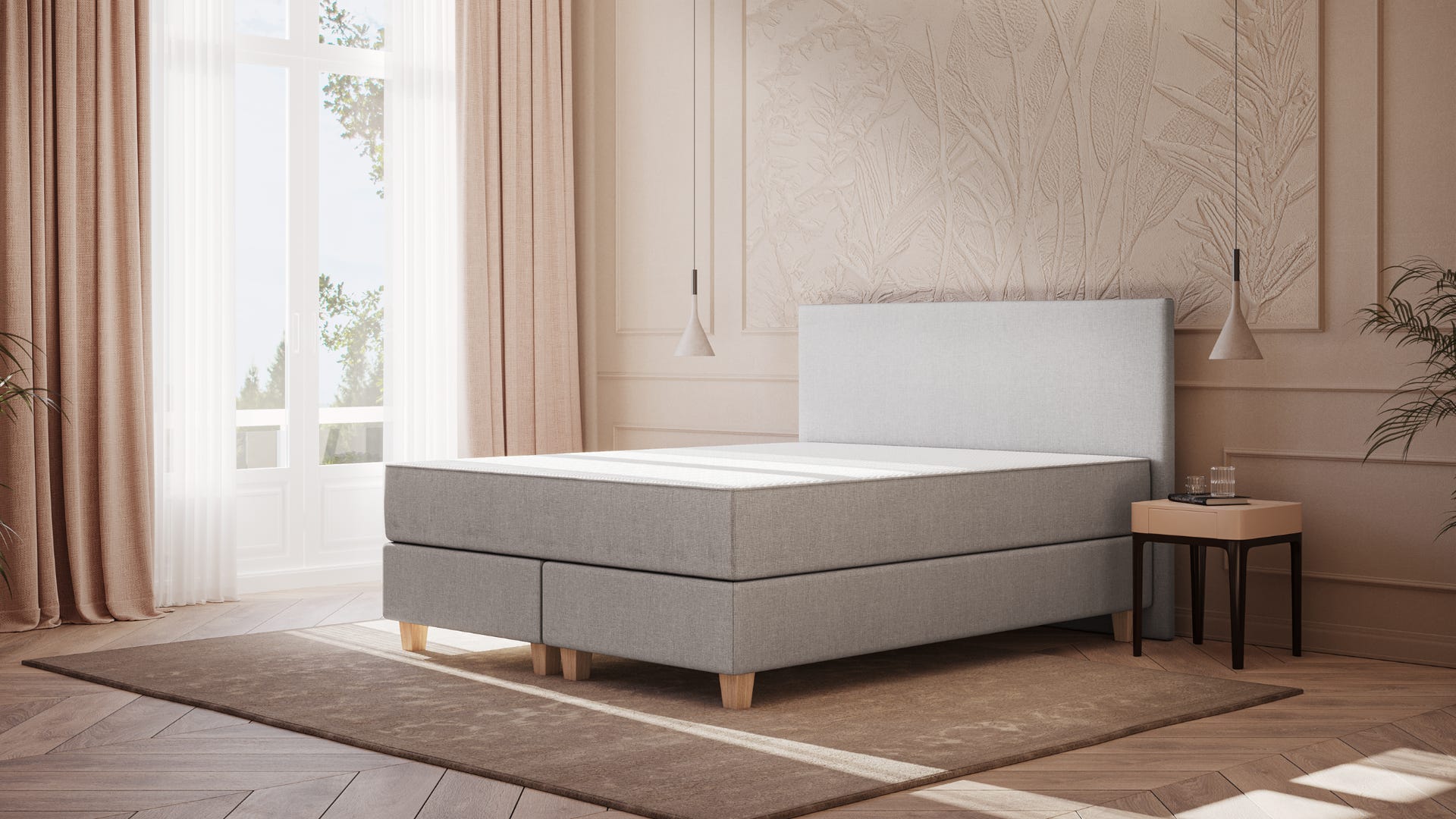 Emma Deluxe Boxspring 160x200 - Lichtgrijs - Klassiek - Eiken - Hybrid