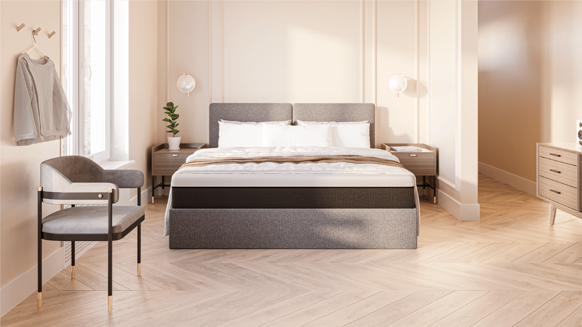 Stauraumbett mit grauem Polsterbezug