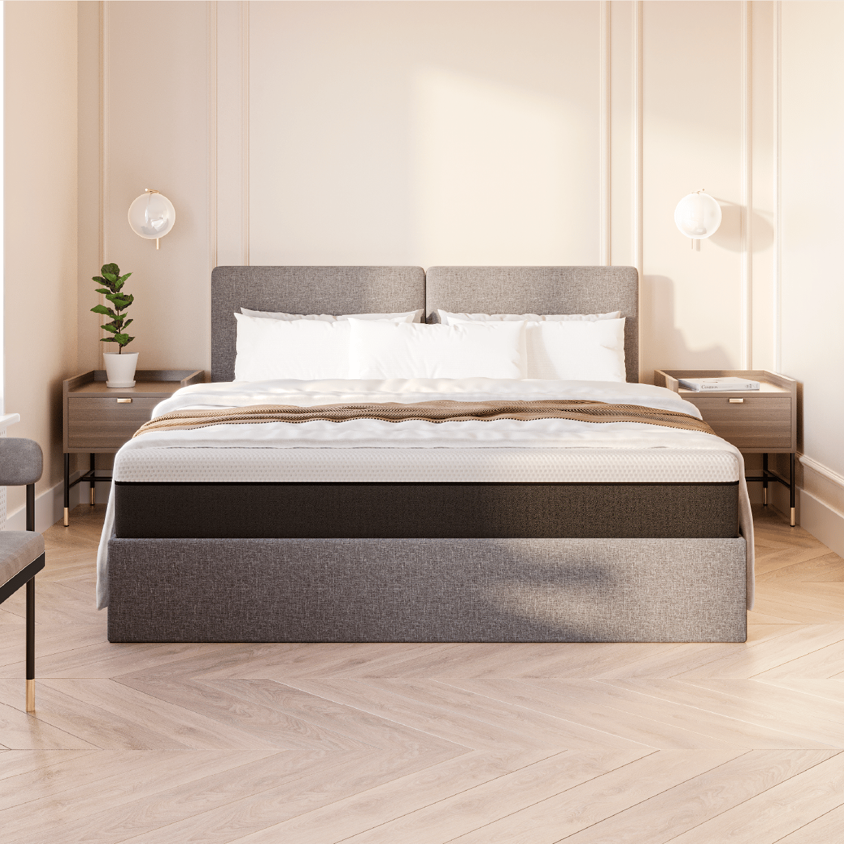 Stauraumbett mit grauem Polsterbezug