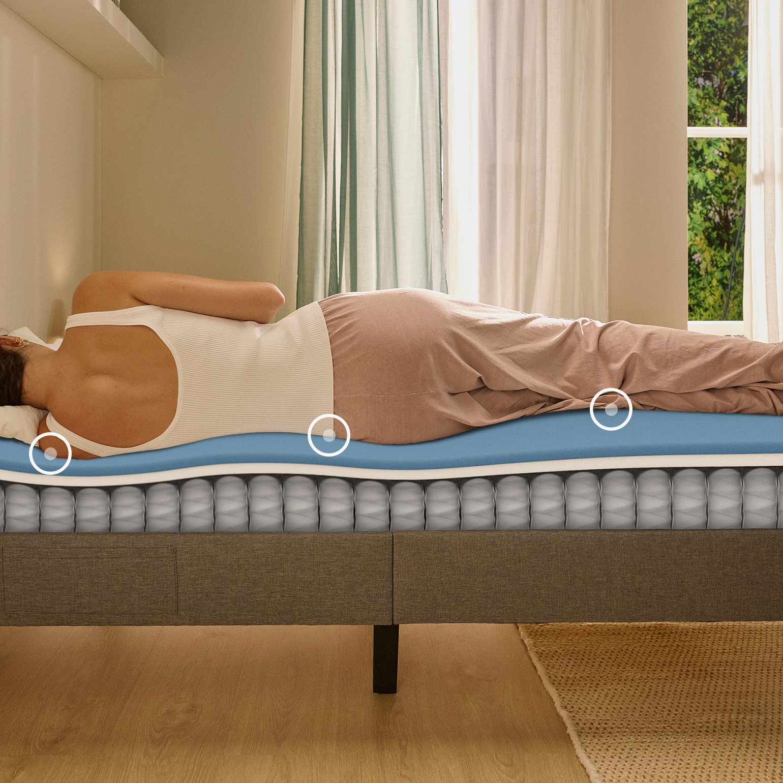 Personne allongée sur le côté sur un matelas hybride avec matelas en mousse, montrant l’alignement ergonomique de la colonne vertébrale.