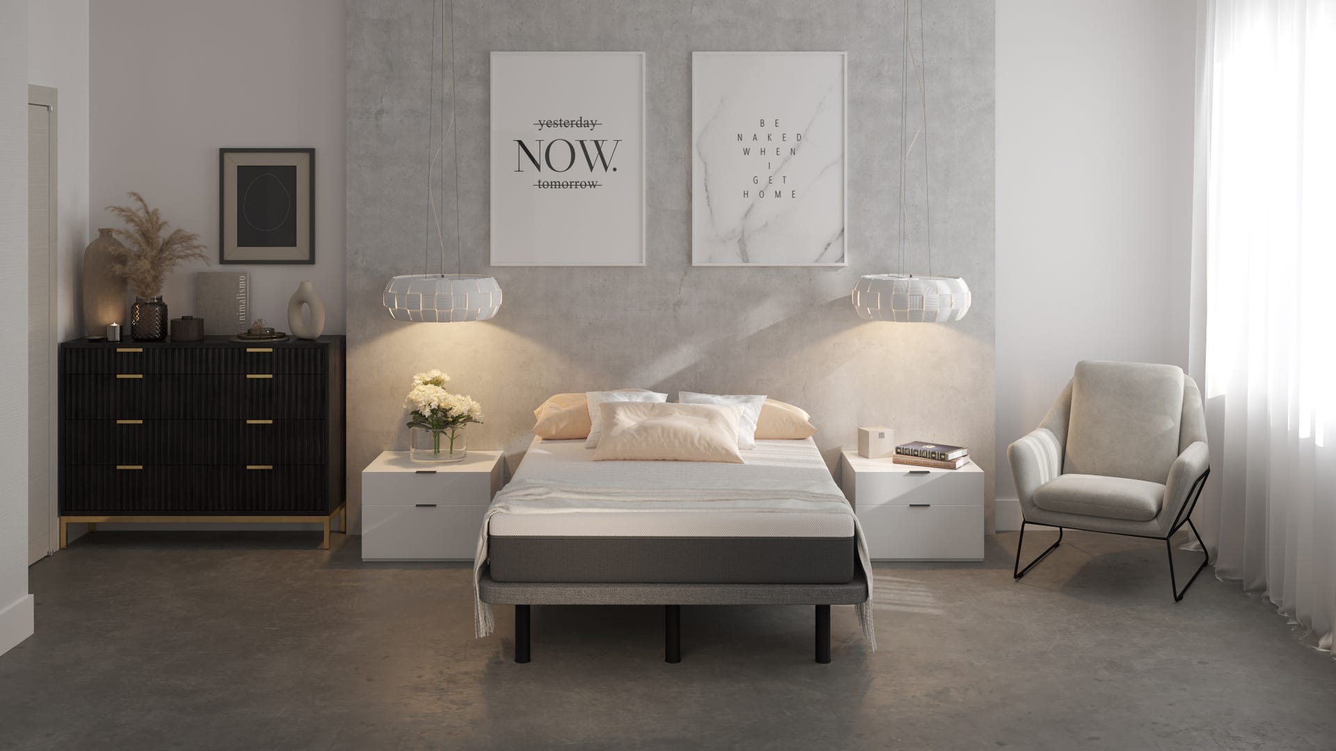 una cama con almohadas encima en una habitacion de paredes grises
