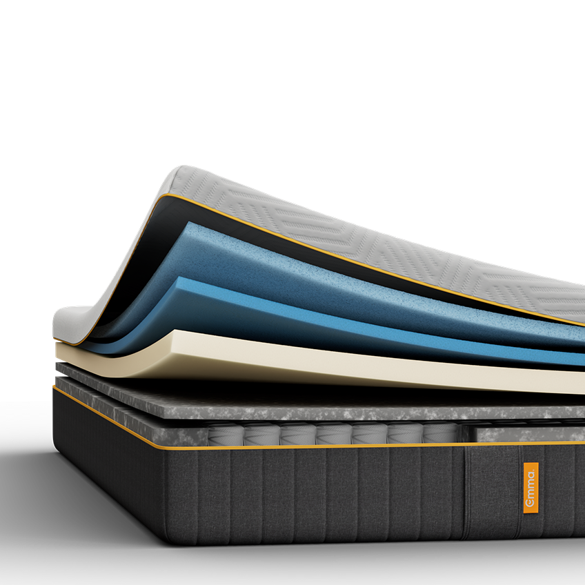 Emma Original Pro mattress layers view showing multiple foam and spring layers with gold trim detailing.
