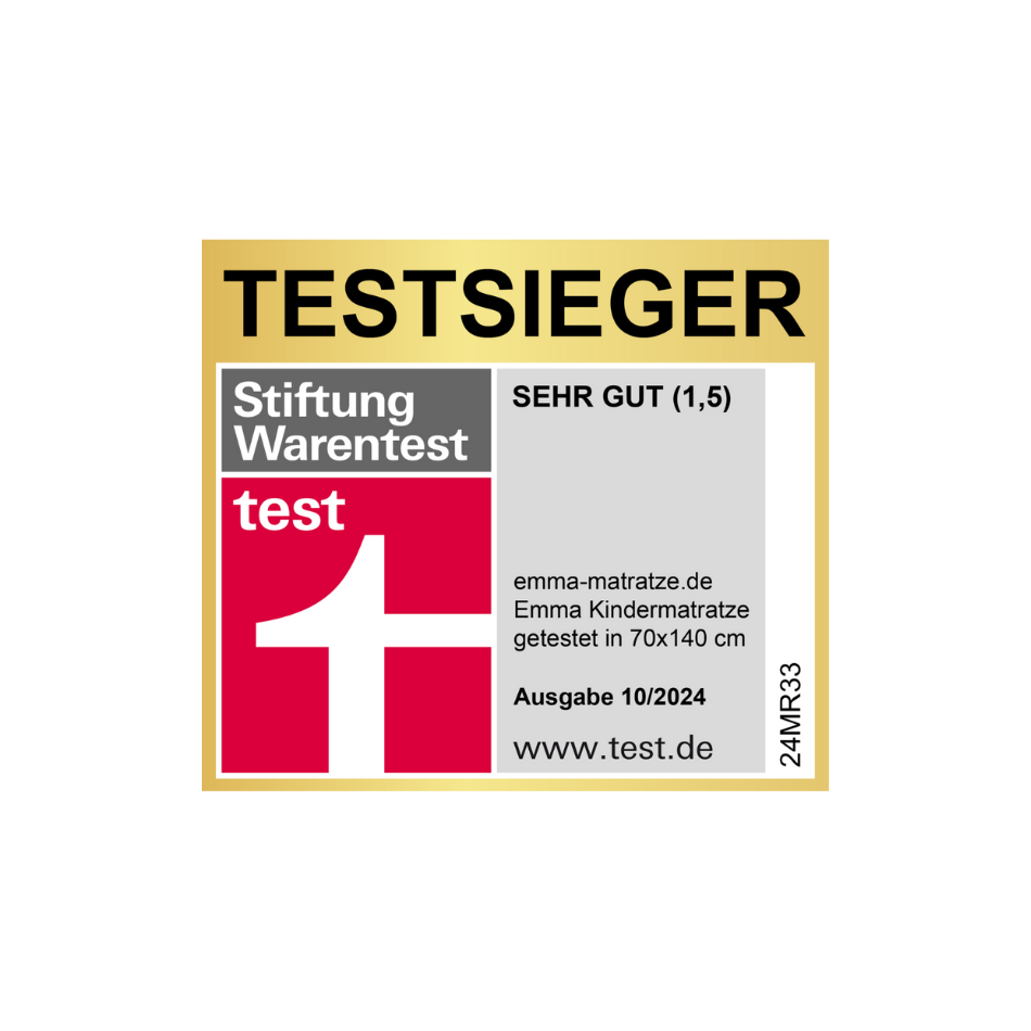 Testsieger-Siegel von Stiftung Warentest für Emma Kindermatratze, Note 1,5, Größe 70x140 cm, Ausgabe 10/2024.